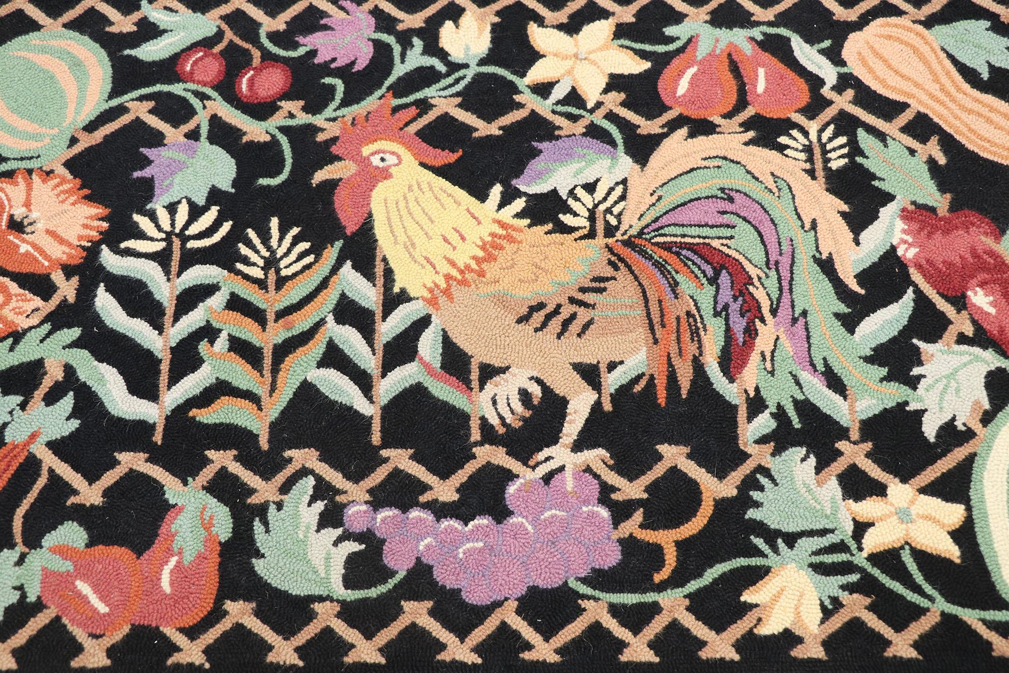 Matching Pair of Vintage Rooster Hooked Rugs In Good Condition For Sale In Dallas, TX