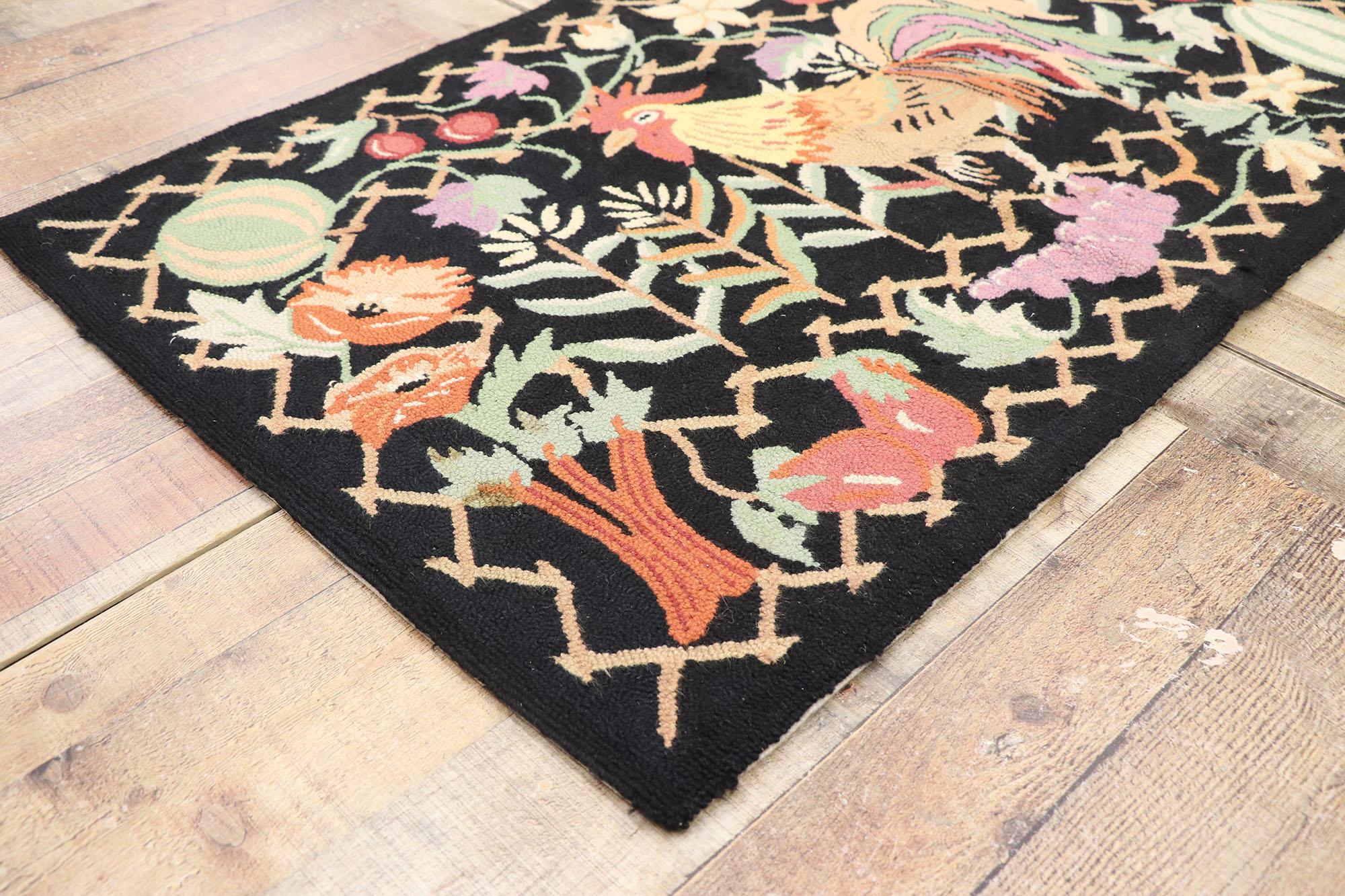 Matching Pair of Vintage Rooster Hooked Rugs For Sale 1