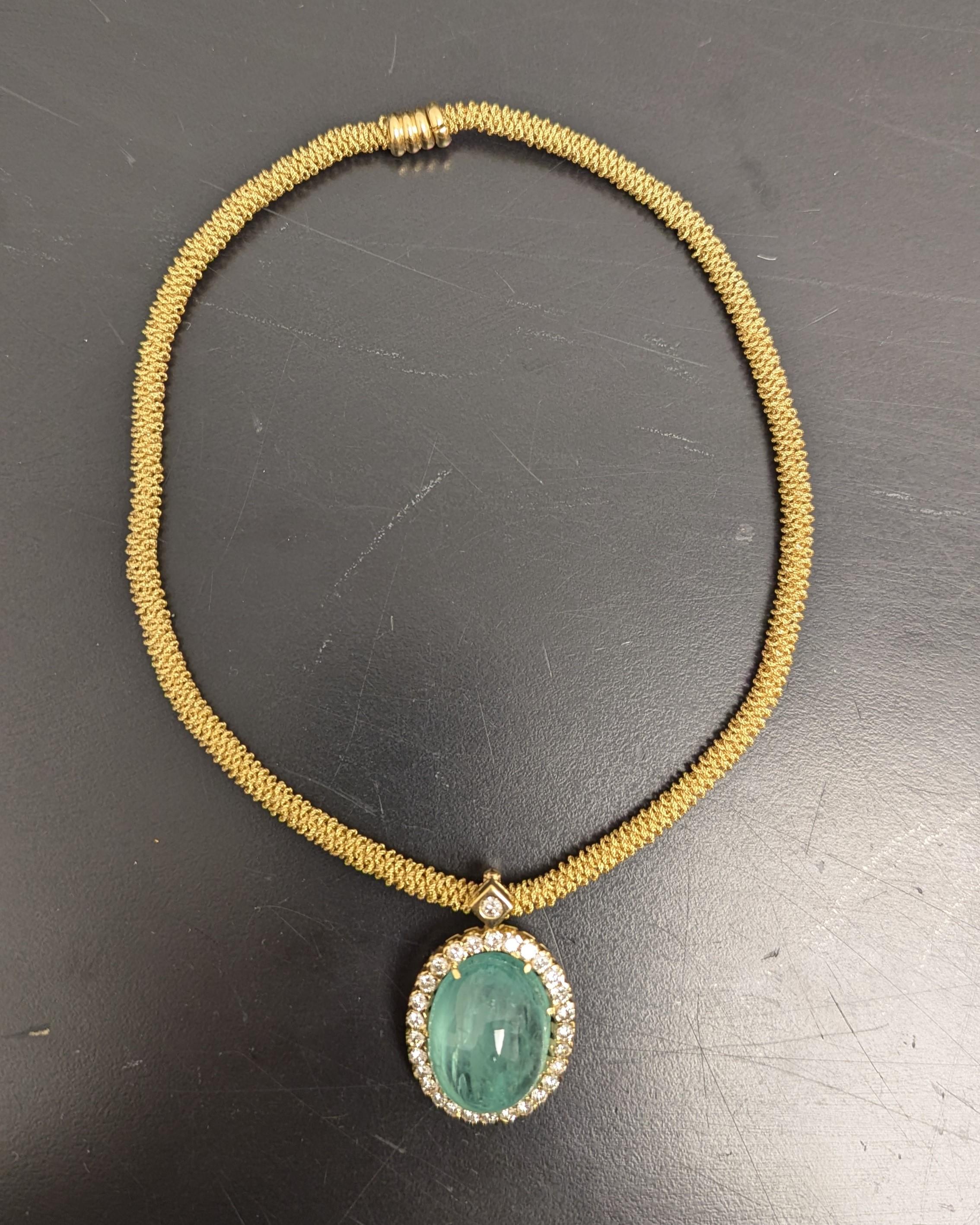 Women's 77.95 Carat Cabochon Green Beryl and Diamond 18K Gold Italian Pendant Necklace For Sale