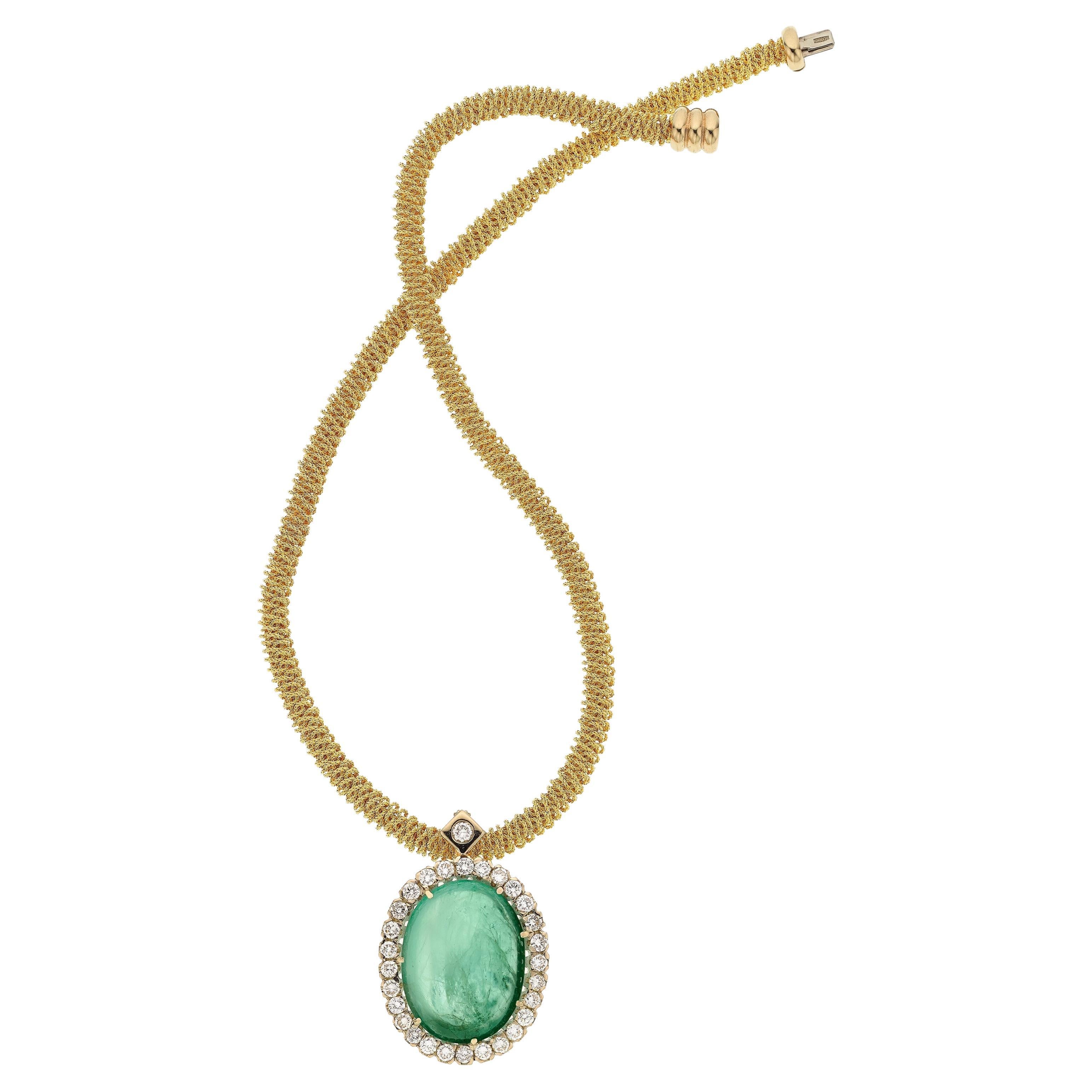 77.95 Carat Cabochon Green Beryl and Diamond 18K Gold Italian Pendant Necklace