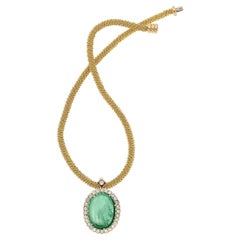 77.95 Carat Cabochon Green Beryl and Diamond 18K Gold Italian Pendant Necklace