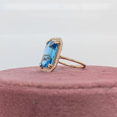 7.7ct Swiss Blue Topaz Ring w Earth Mined Diamonds in Solid 14K Gold EM 14x10mm
