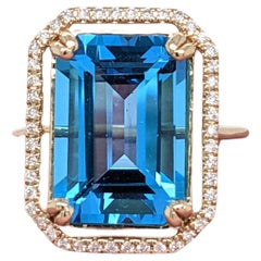 7.7ct Swiss Blue Topaz Ring w Earth Mined Diamonds in Solid 14K Gold EM 14x10mm
