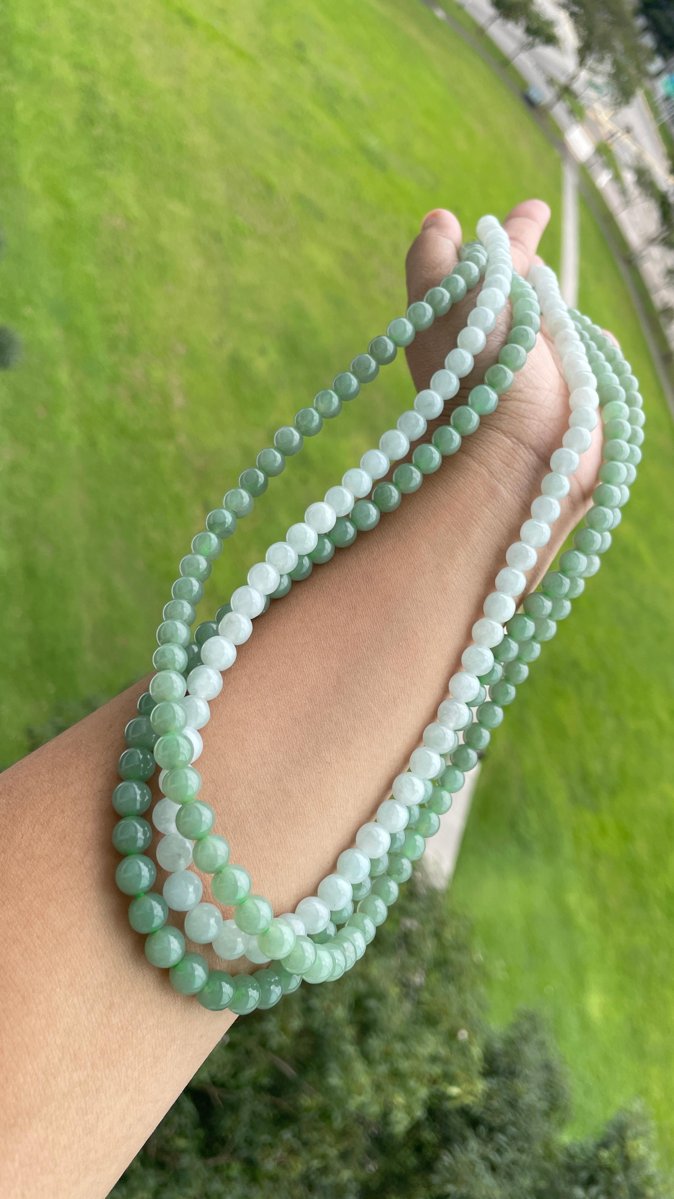 7.7mm+ Translucent Green Burmese Type A Jadeite Jade Necklace For Sale 4