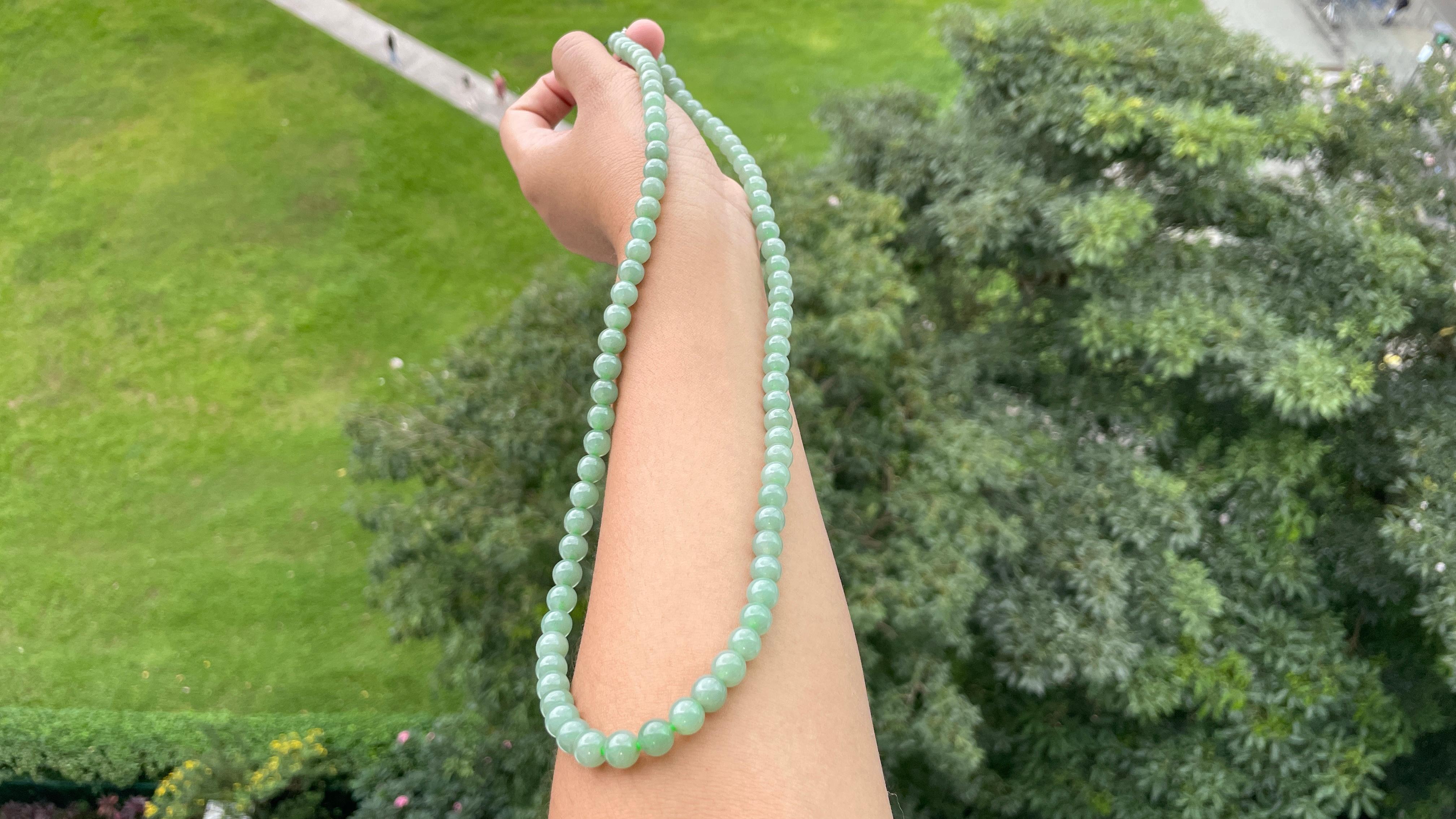 Bead 7.7mm+ Translucent Green Burmese Type A Jadeite Jade Necklace For Sale