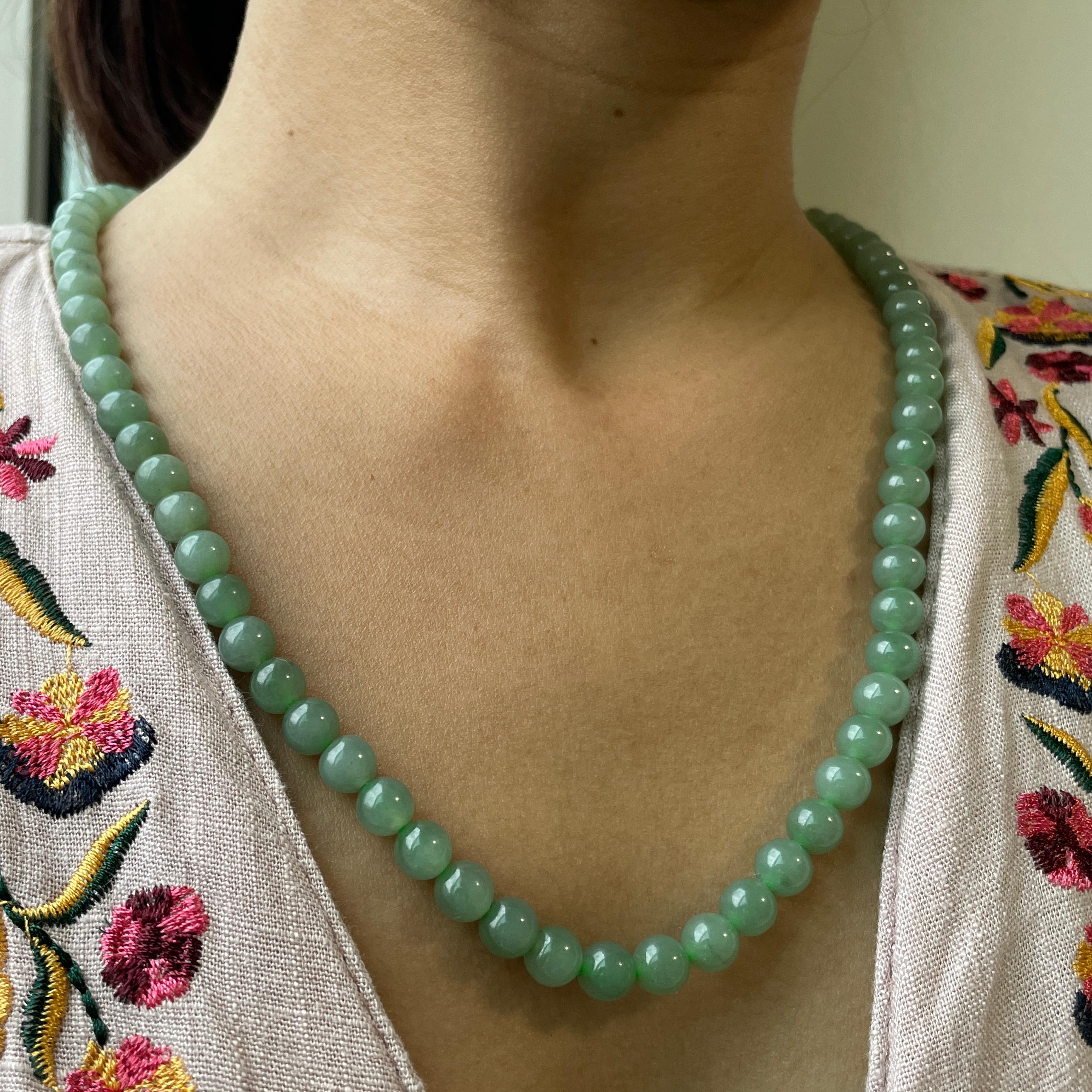 7.7mm+ Translucent Green Burmese Type A Jadeite Jade Necklace In New Condition For Sale In Singapore, SG