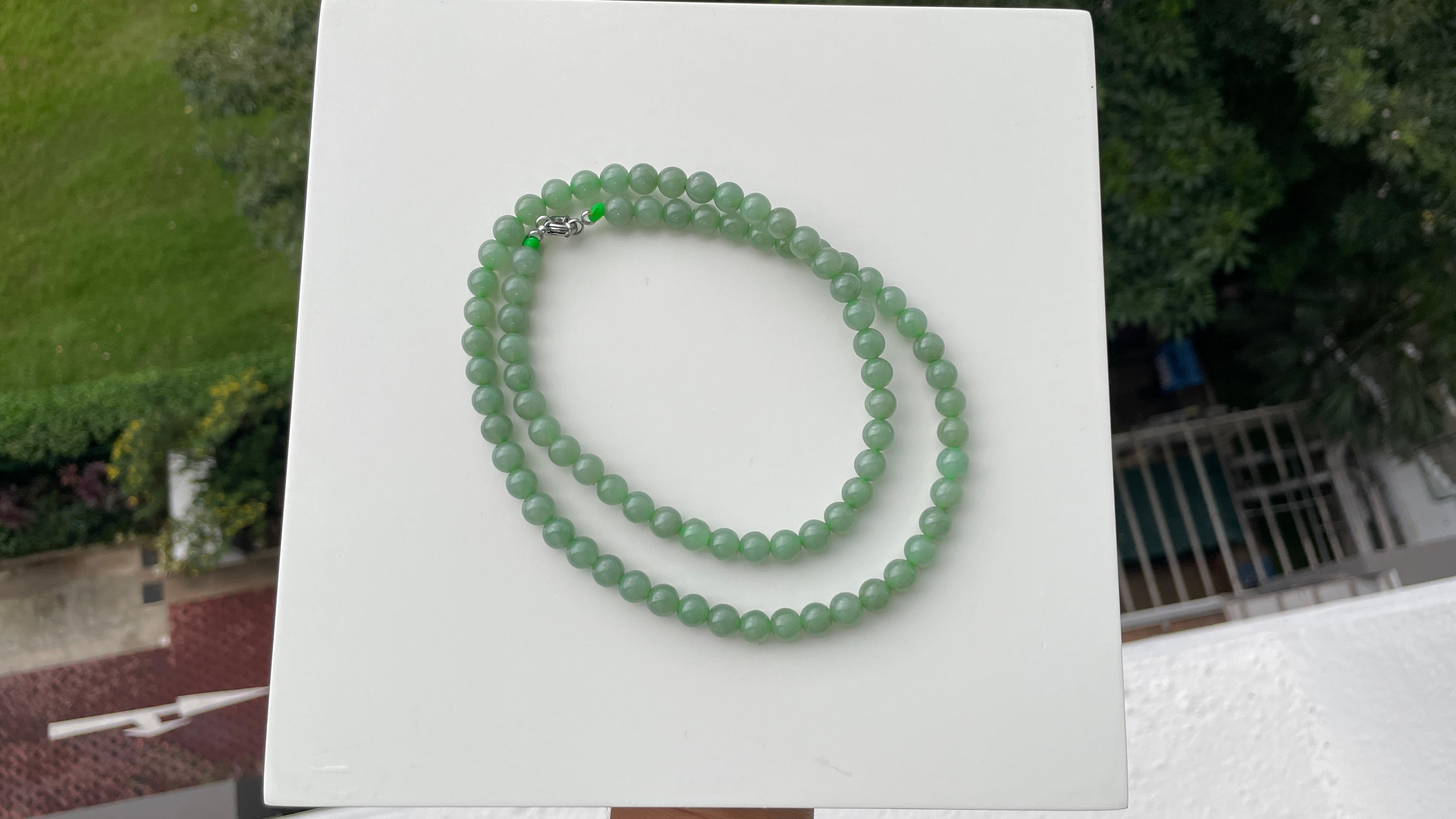 Women's 7.7mm+ Translucent Green Burmese Type A Jadeite Jade Necklace For Sale