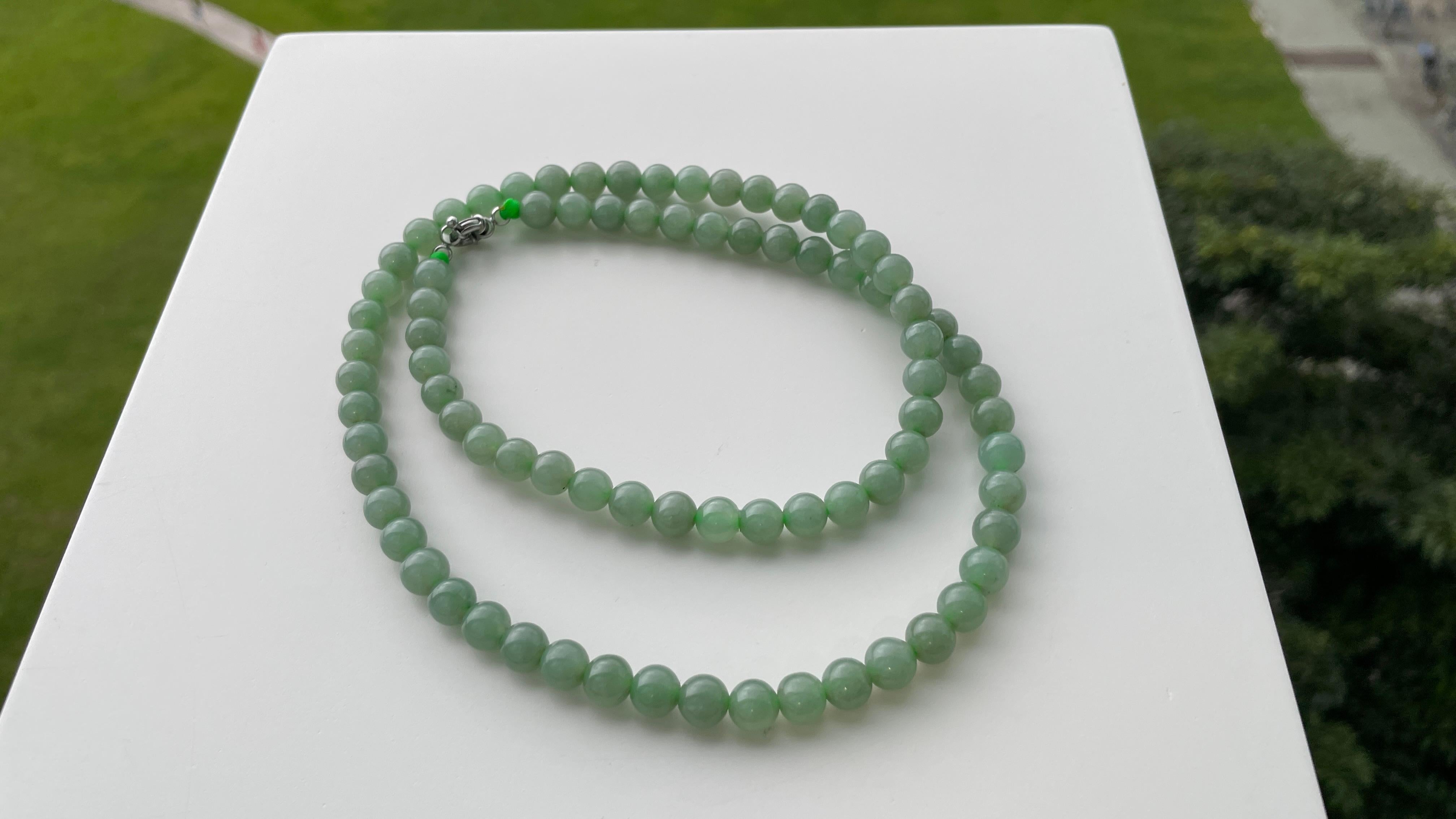 7.7mm+ Translucent Green Burmese Type A Jadeite Jade Necklace For Sale 1