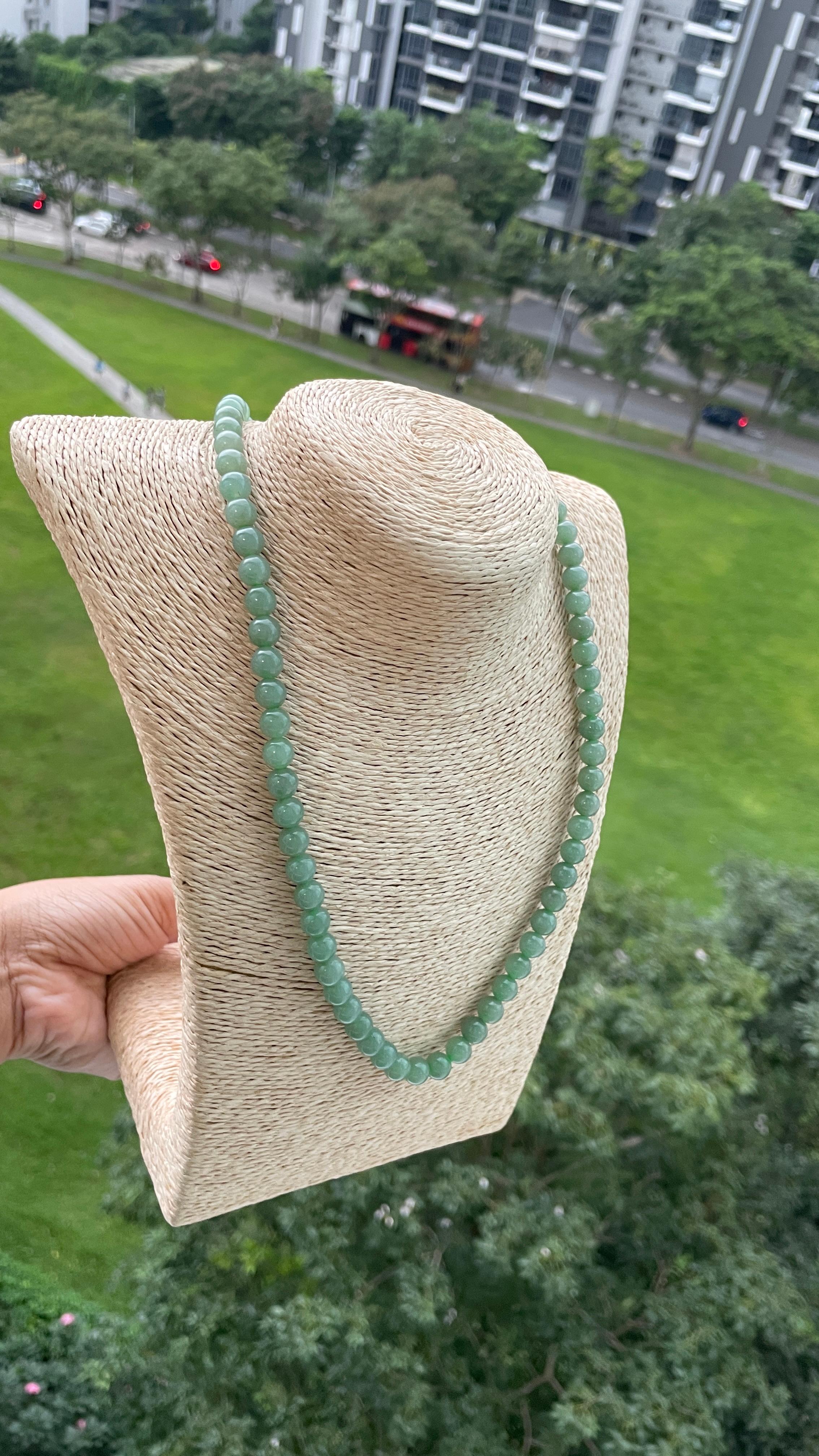 7.7mm+ Translucent Green Burmese Type A Jadeite Jade Necklace For Sale 2