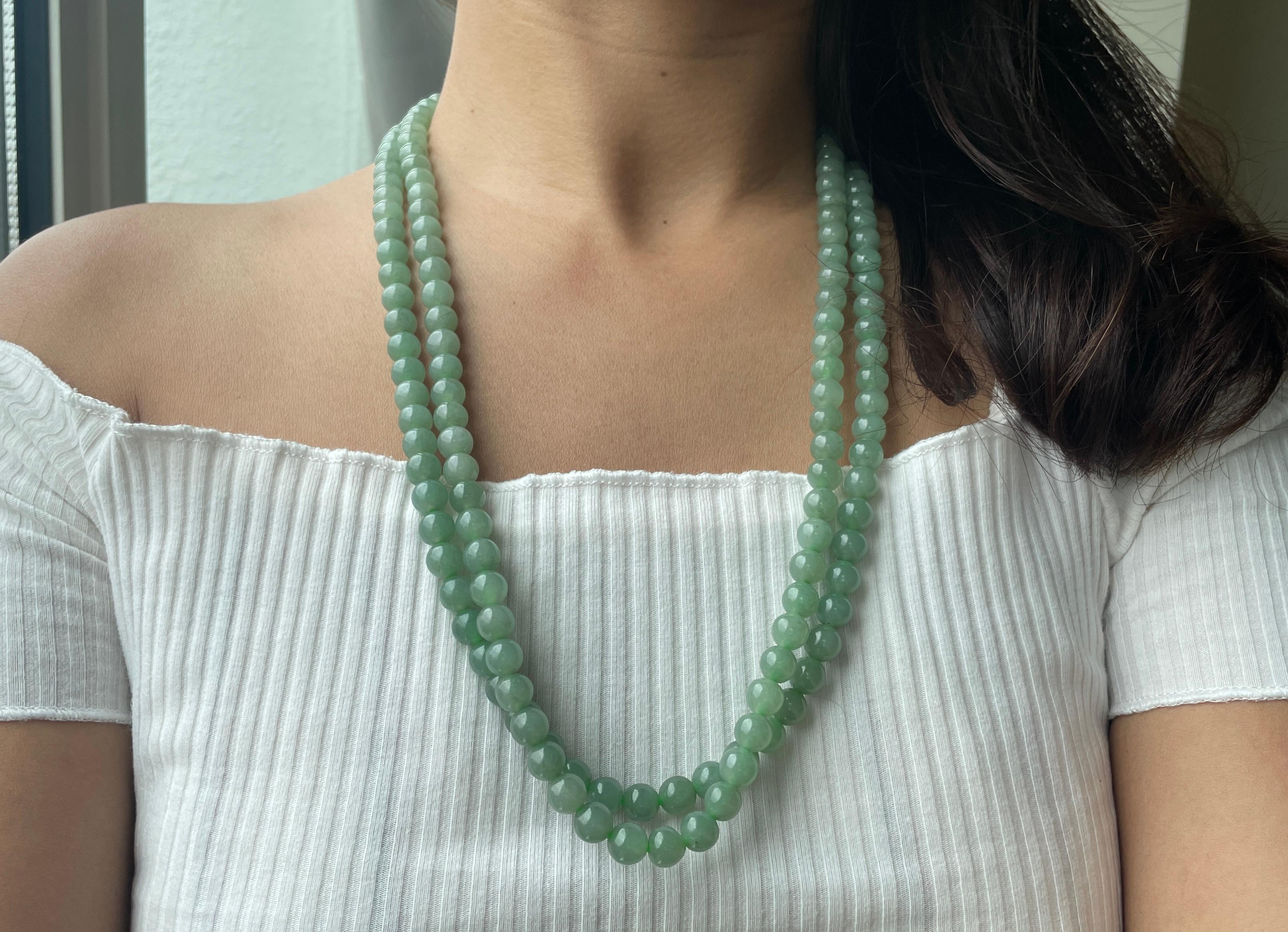 7.7mm+ Translucent Green Burmese Type A Jadeite Jade Necklace For Sale 3