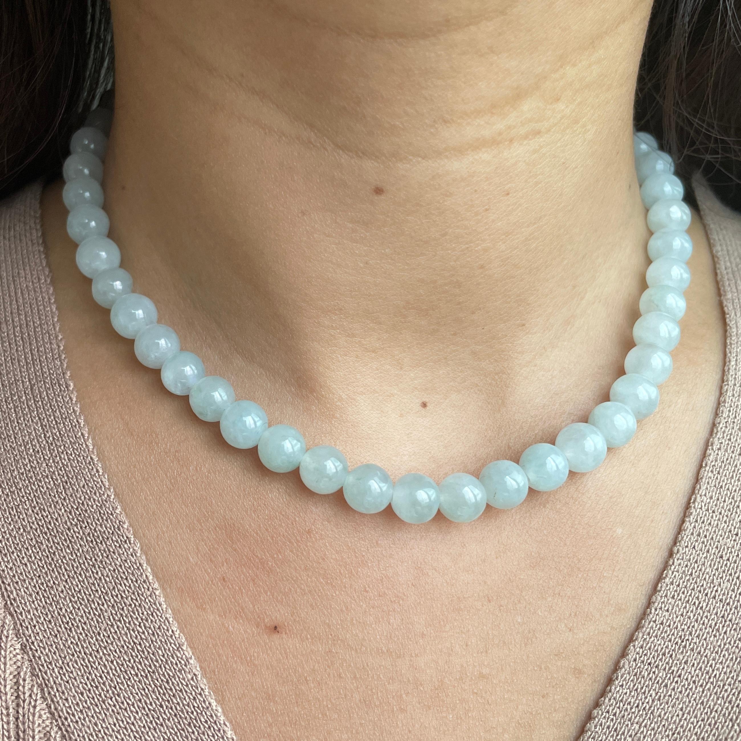 7.7mm+ Translucent White Burmese Type A Jadeite Jade Necklace For Sale 4