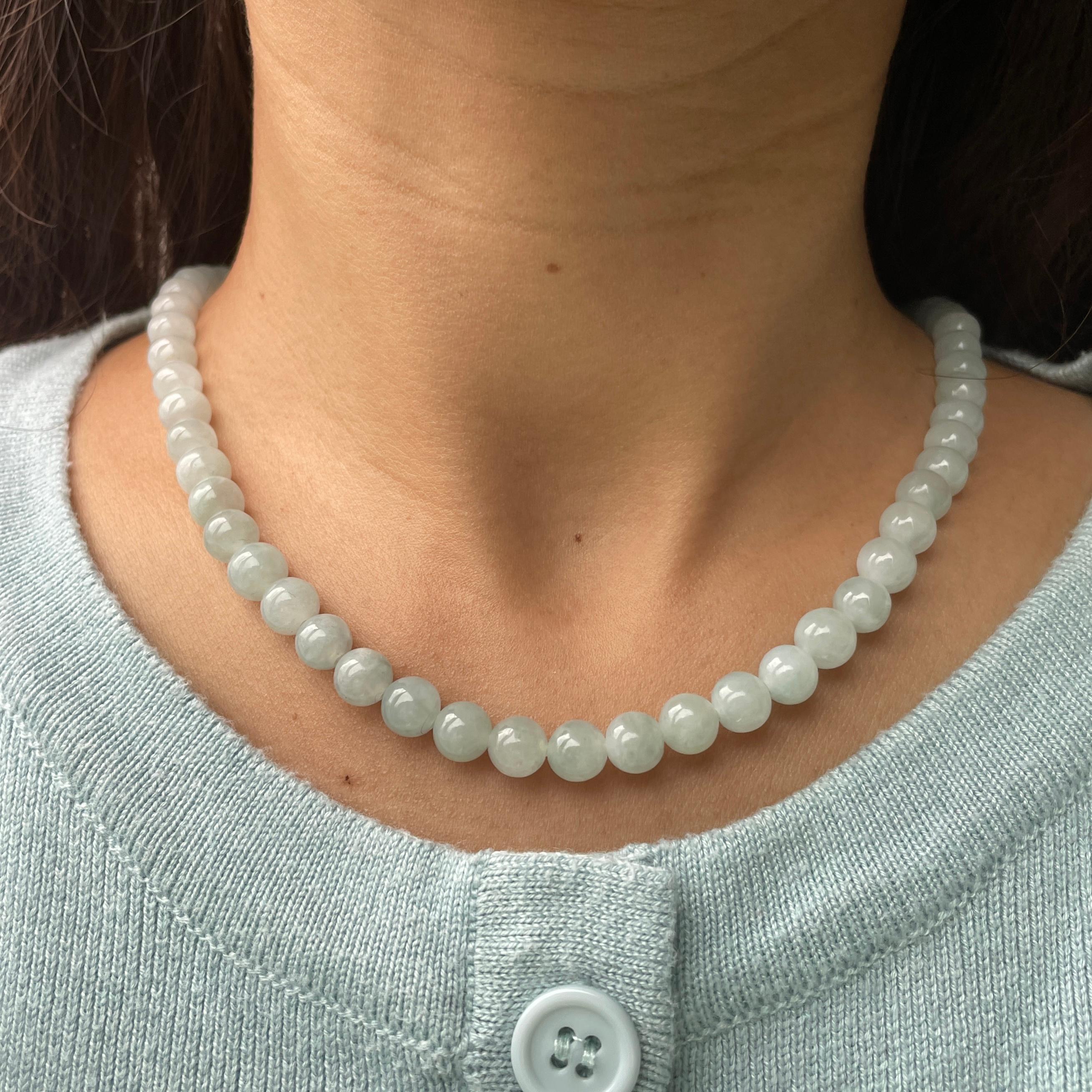 Art Deco 7.7mm+ Translucent White Burmese Type A Jadeite Jade Necklace For Sale