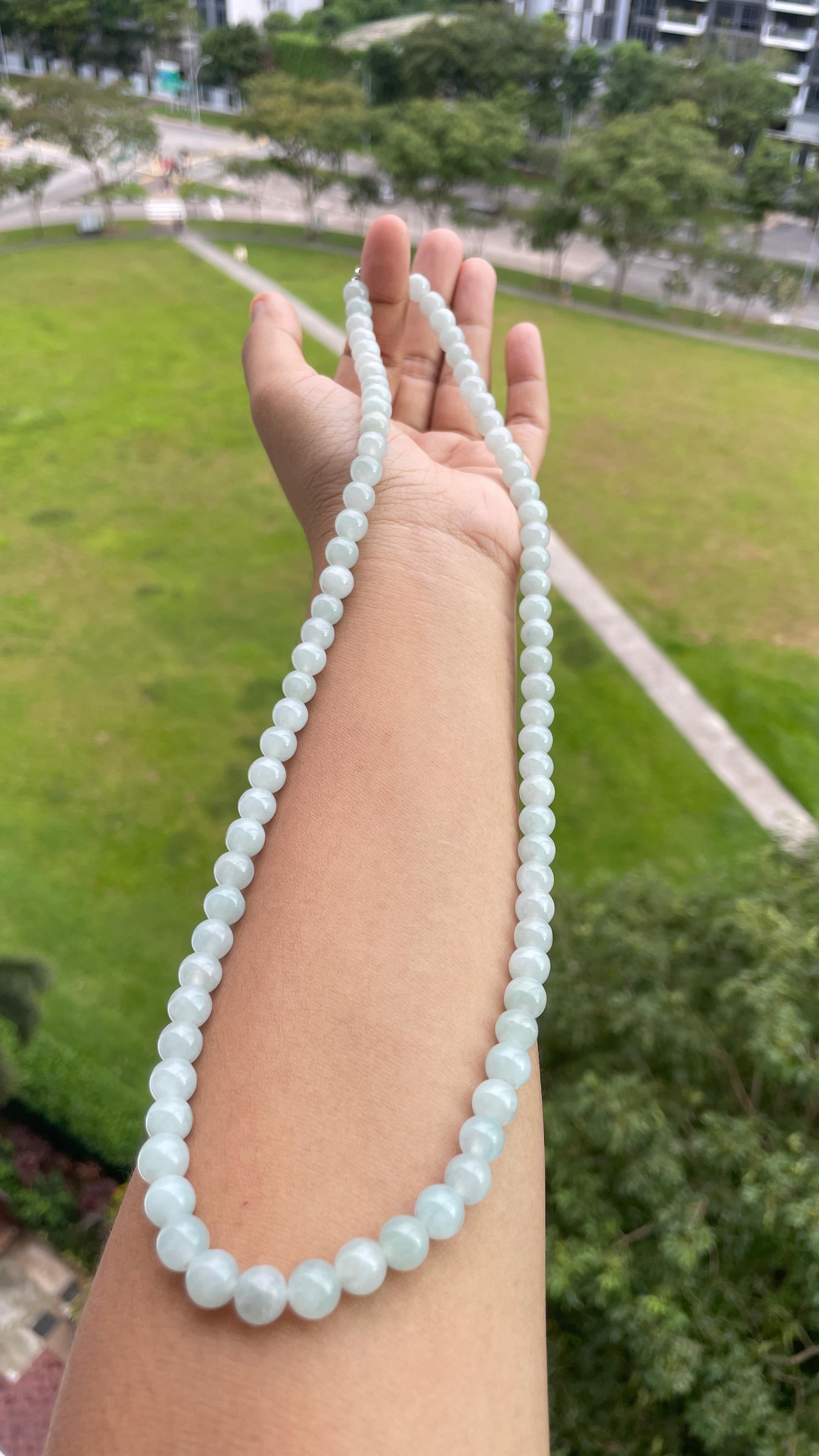 7.7mm+ Translucent White Burmese Type A Jadeite Jade Necklace In New Condition For Sale In Singapore, SG