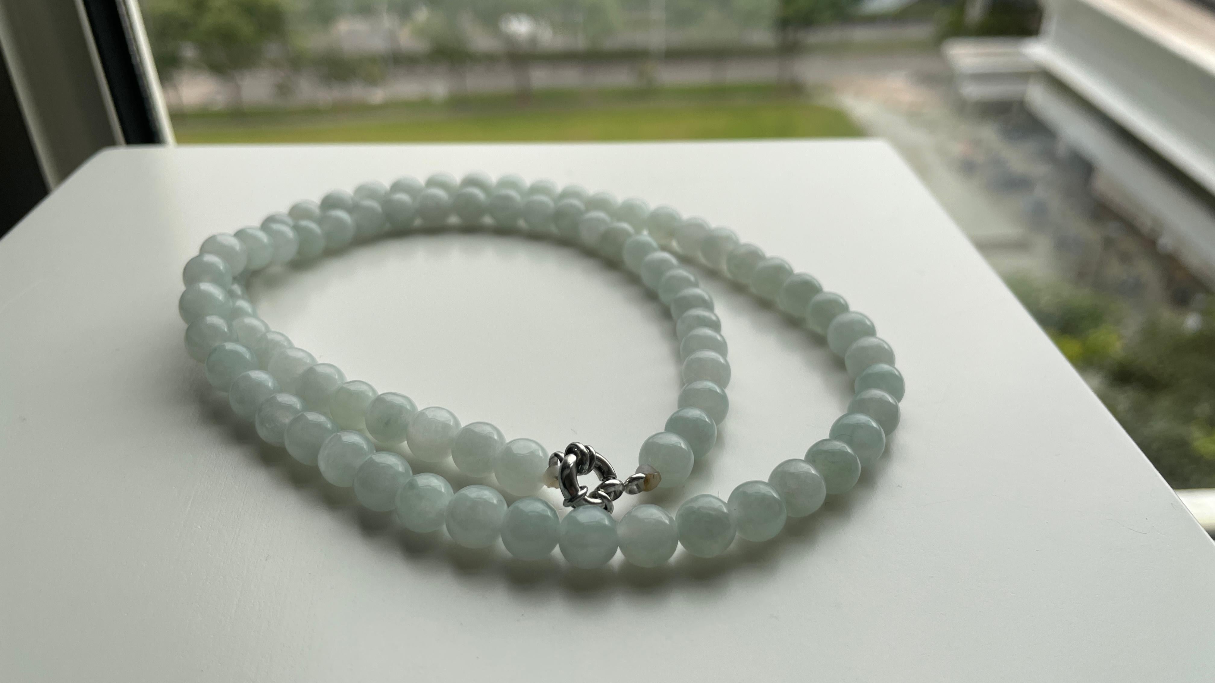 Women's 7.7mm+ Translucent White Burmese Type A Jadeite Jade Necklace For Sale