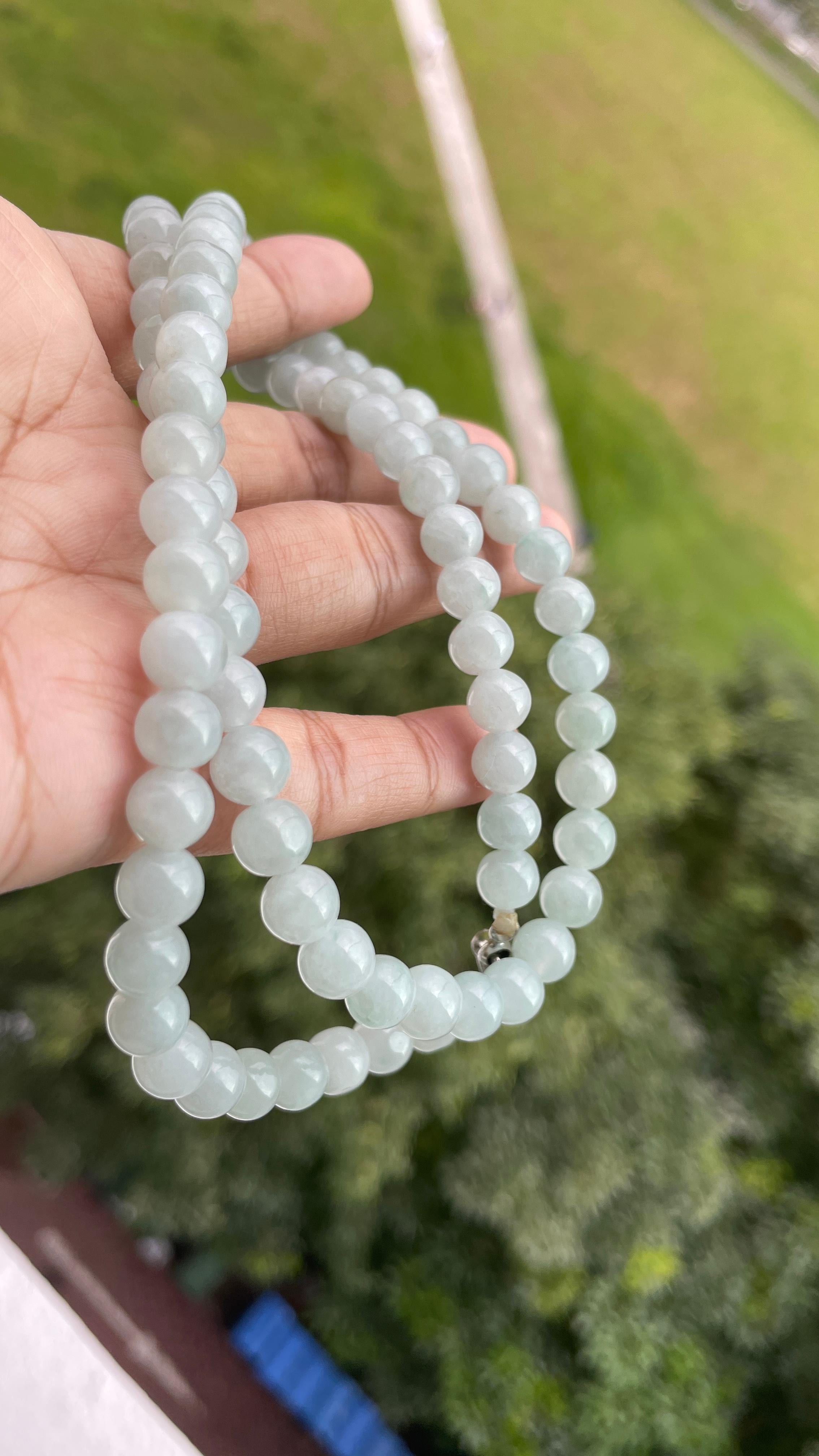 7.7mm+ Translucent White Burmese Type A Jadeite Jade Necklace For Sale 1
