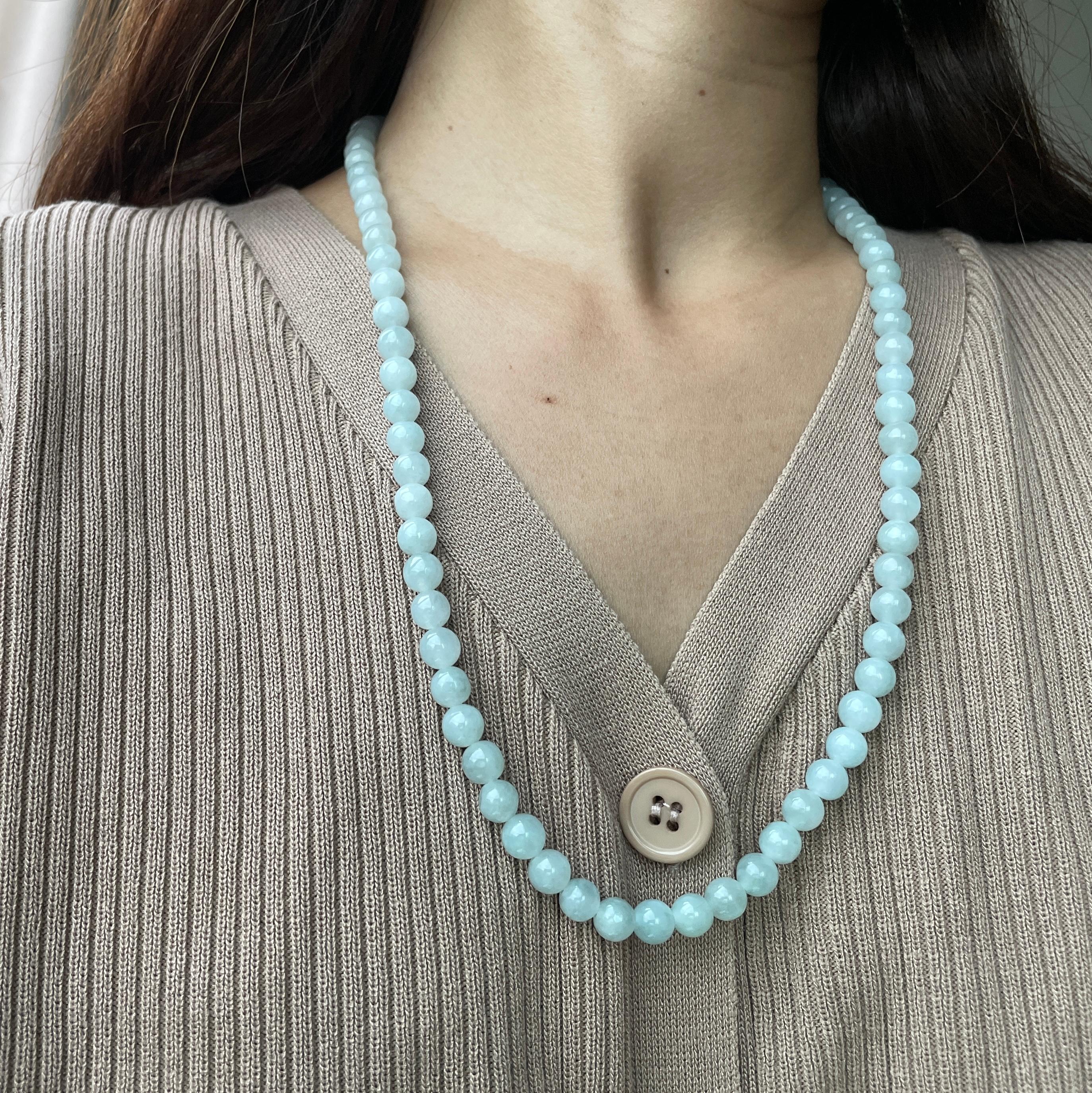 7.7mm+ Translucent White Burmese Type A Jadeite Jade Necklace For Sale 2