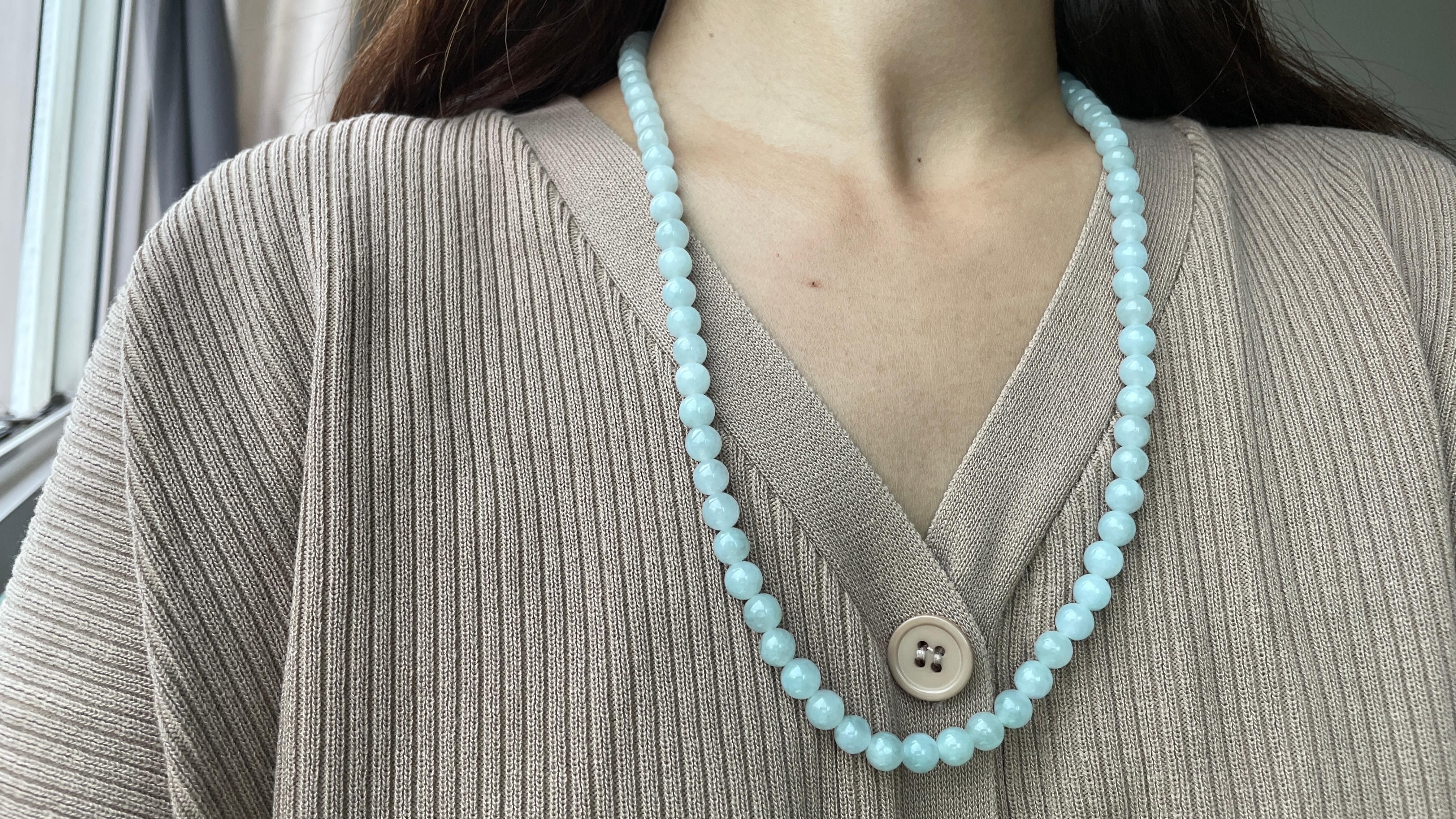 7.7mm+ Translucent White Burmese Type A Jadeite Jade Necklace For Sale 3