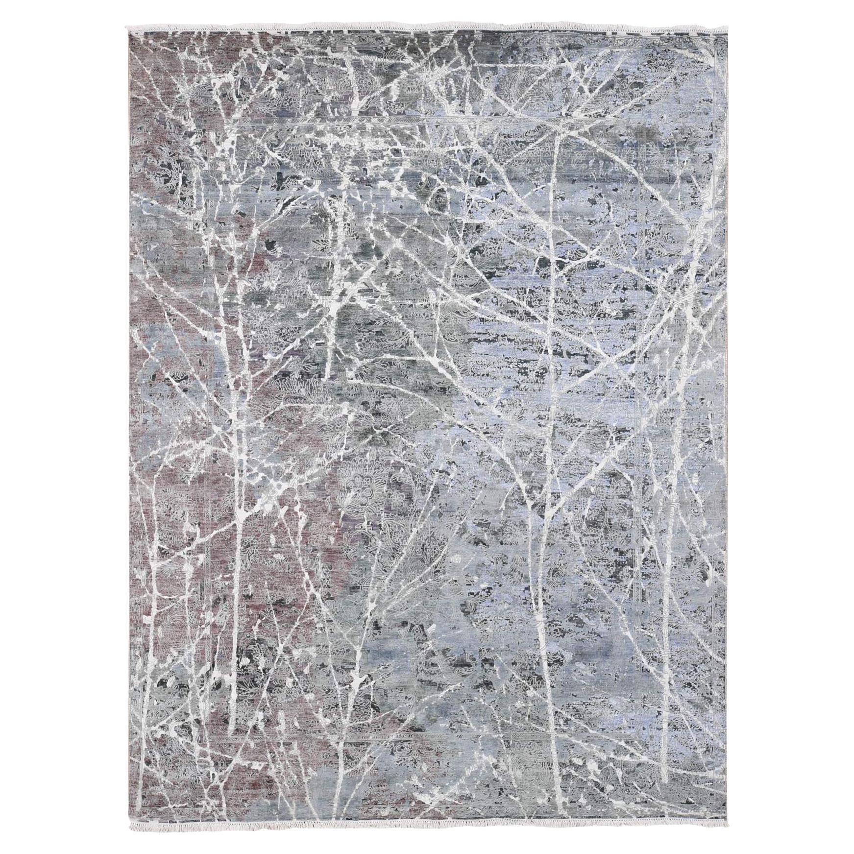 7'7 "x10'1" Grauer handgeknüpfter Broken Persian Design Seide mit texturierter Wolle Teppich im Angebot