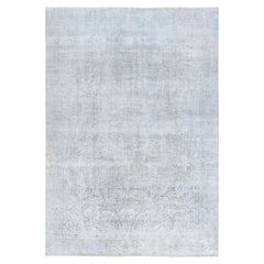 Tapis oriental Farsian Tabriz vintage en laine usée, noué à la main, couleur crème, 7'7" x 10'10"