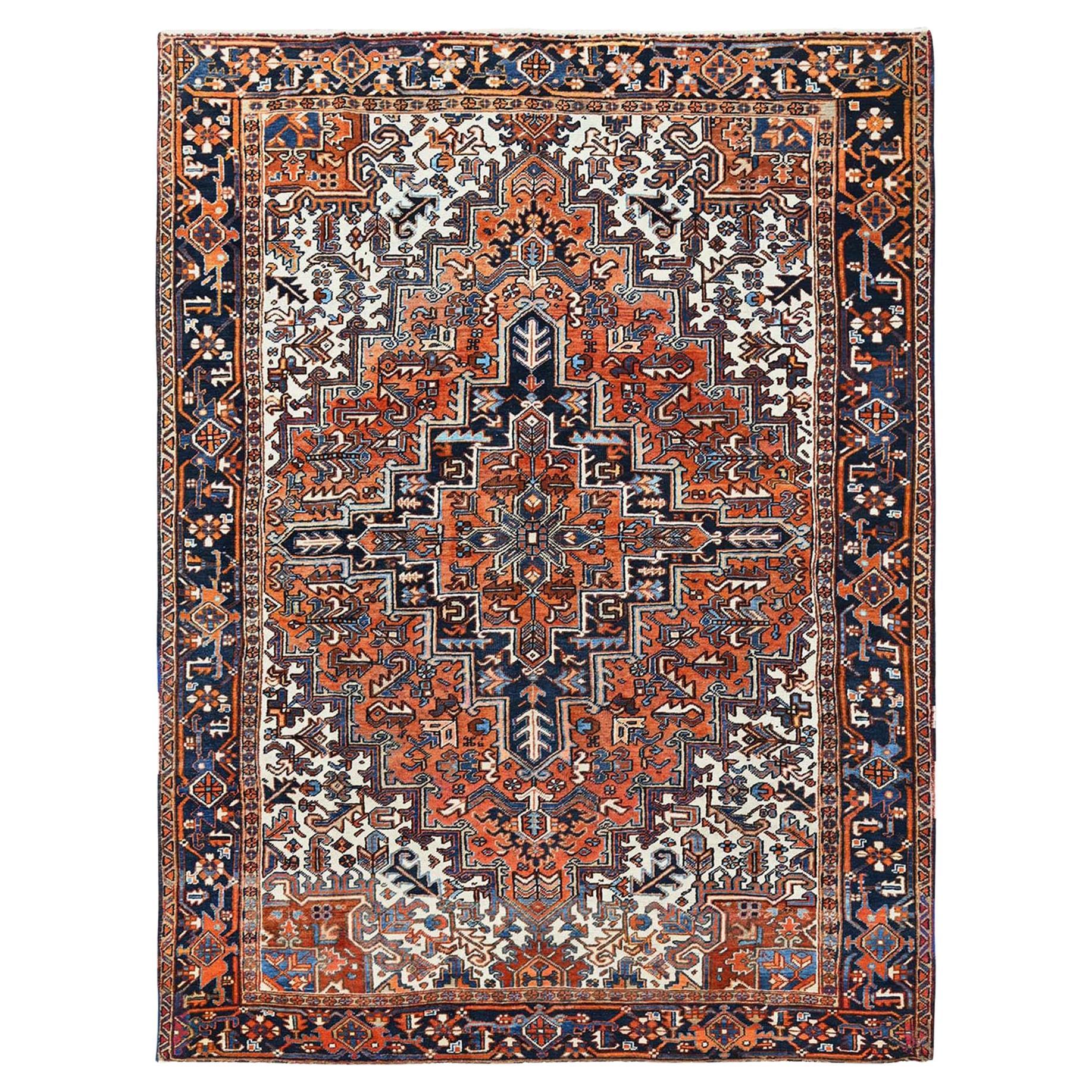 7'7"x10'2" Yam Orange Vintage Persian Heriz Pure Wool Hand Knotted Oriental Rug