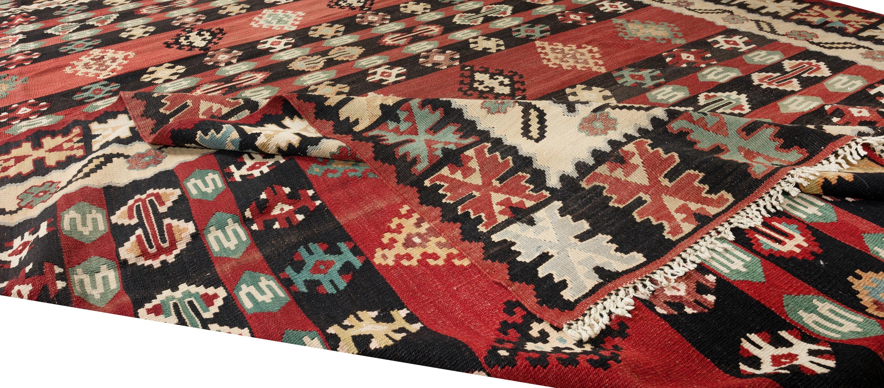 Hand-Woven 7.7x10.3 Ft Handmade Turkish Kilim. Flatweave Wool Carpet. Vintage Geometric Rug For Sale