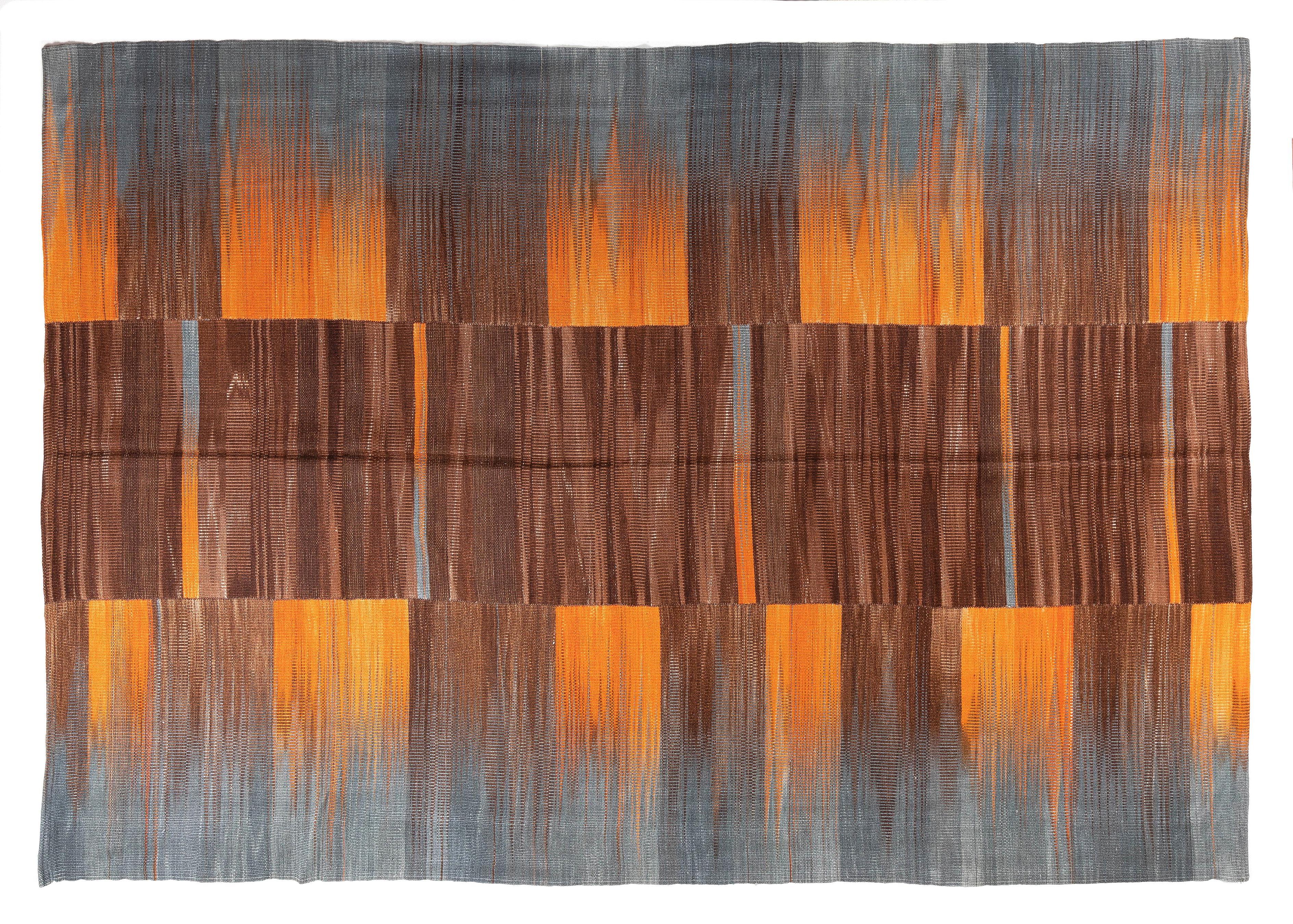 7'8'' x 10'9' New Turkish Kilim, Modern Double Sided Rug in Orange, Gray & Brown For Sale 1