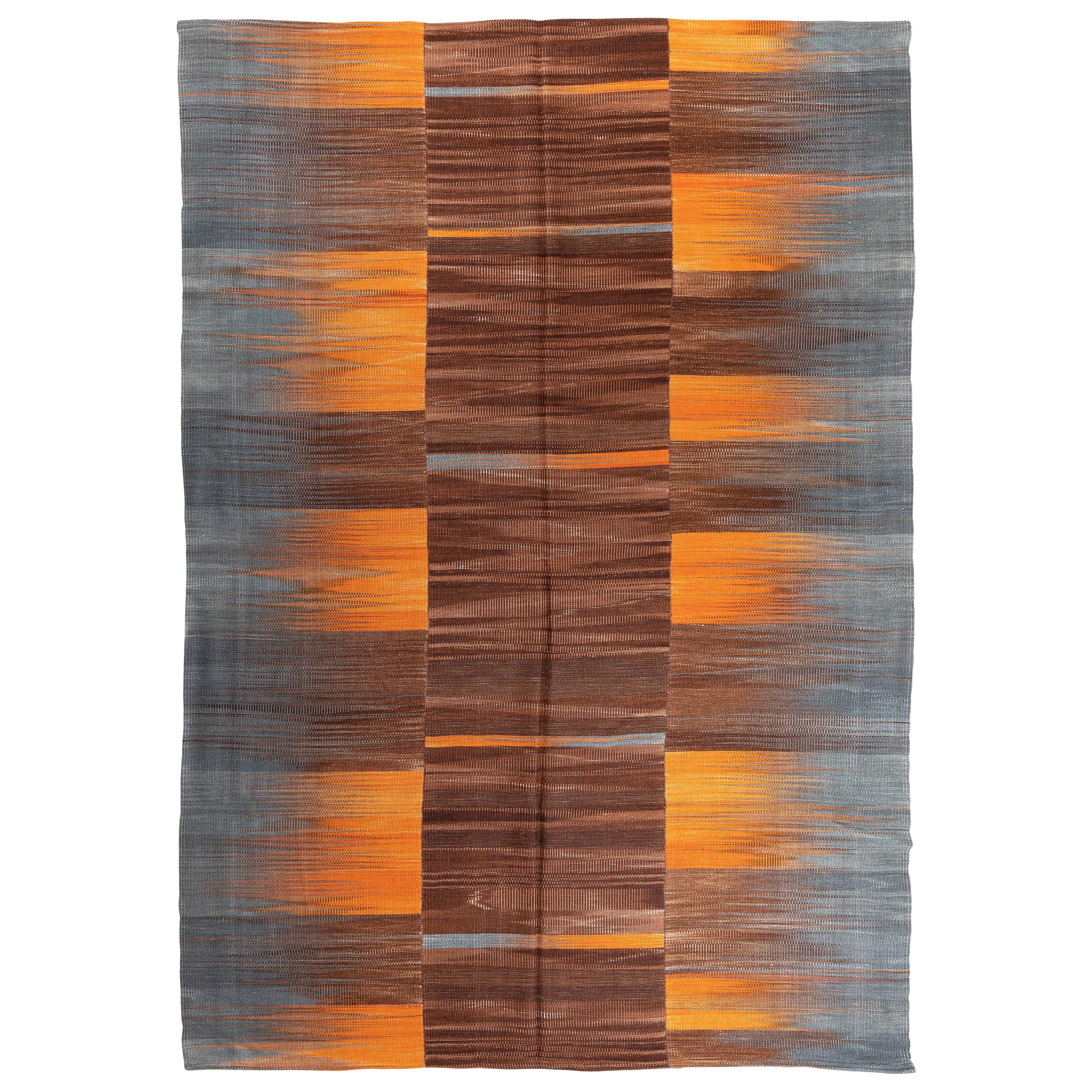 7'8'' x 10'9' New Turkish Kilim, Modern Double Sided Rug in Orange, Gray & Brown For Sale