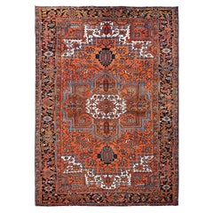 7'7"x10'7" Orange Vintage Persian Heriz Medallion Design Hand Knotted Wool Rug