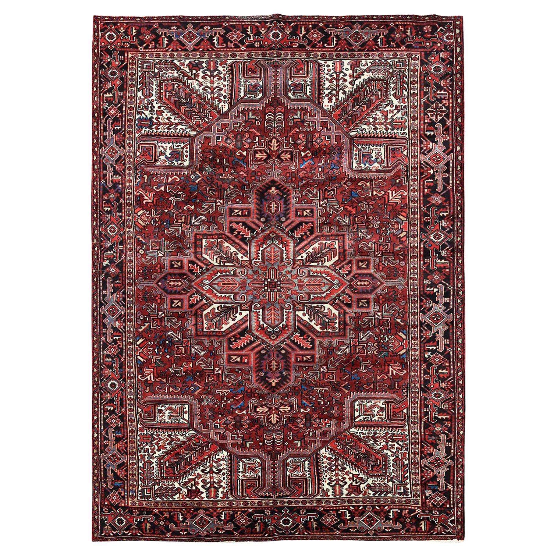 7'7"x10'9" Red Vintage Persian Heriz with Medallion Design Hand Knotted Wool Rug