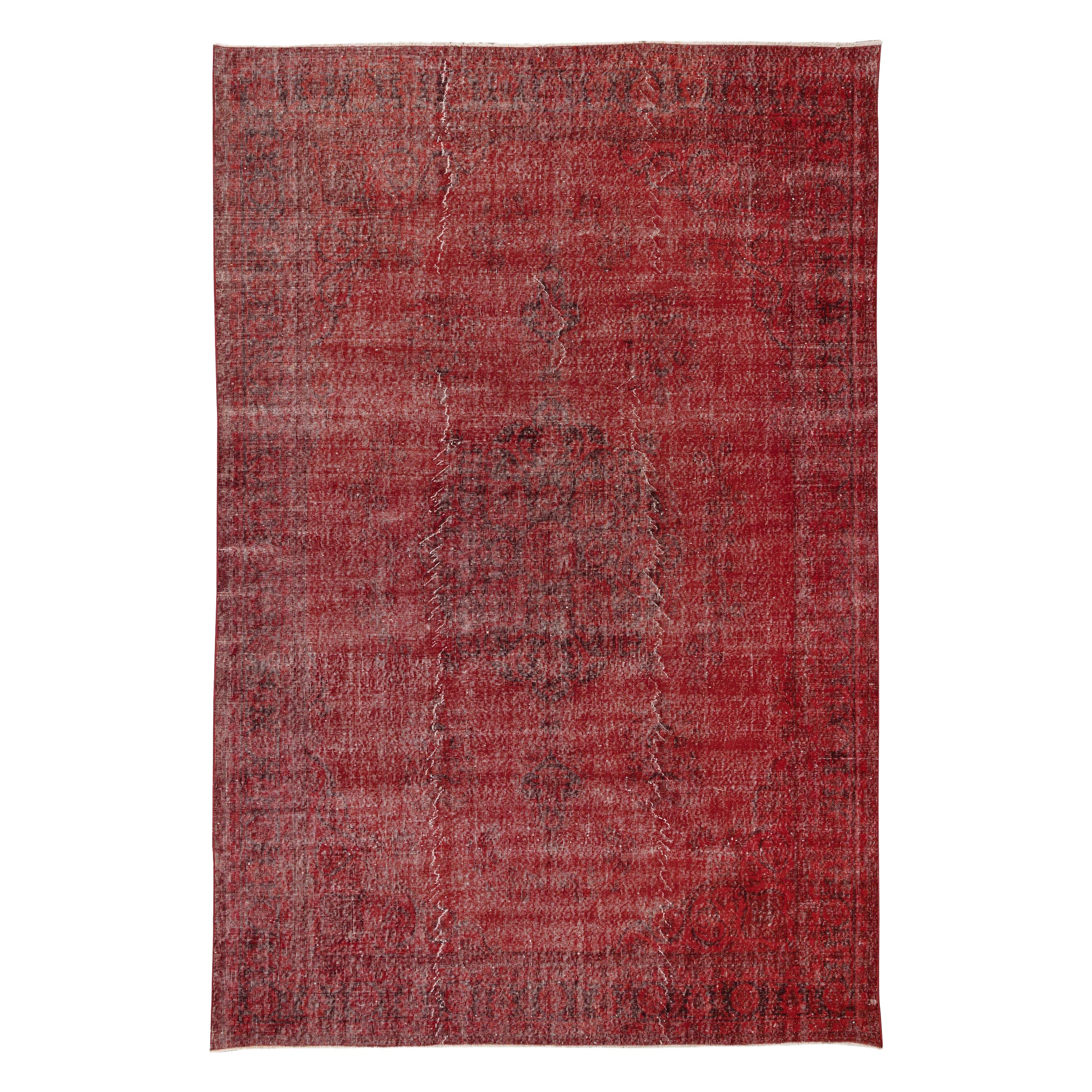 7.7x11 Ft Hand Knotsted Vintage Turkish Rug Over-Dyed in Red 4 Modern Interiors
