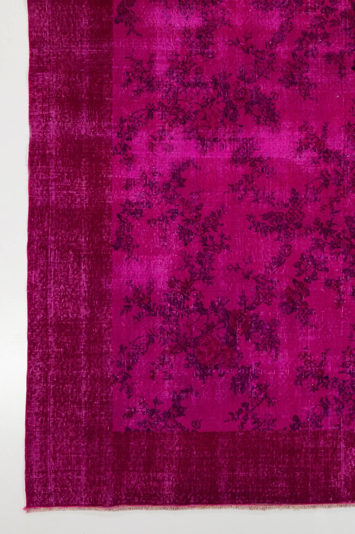 Hand-Woven Vintage Turkish Rug with Floral Design Re-Dyed in Fuschia Pink Color