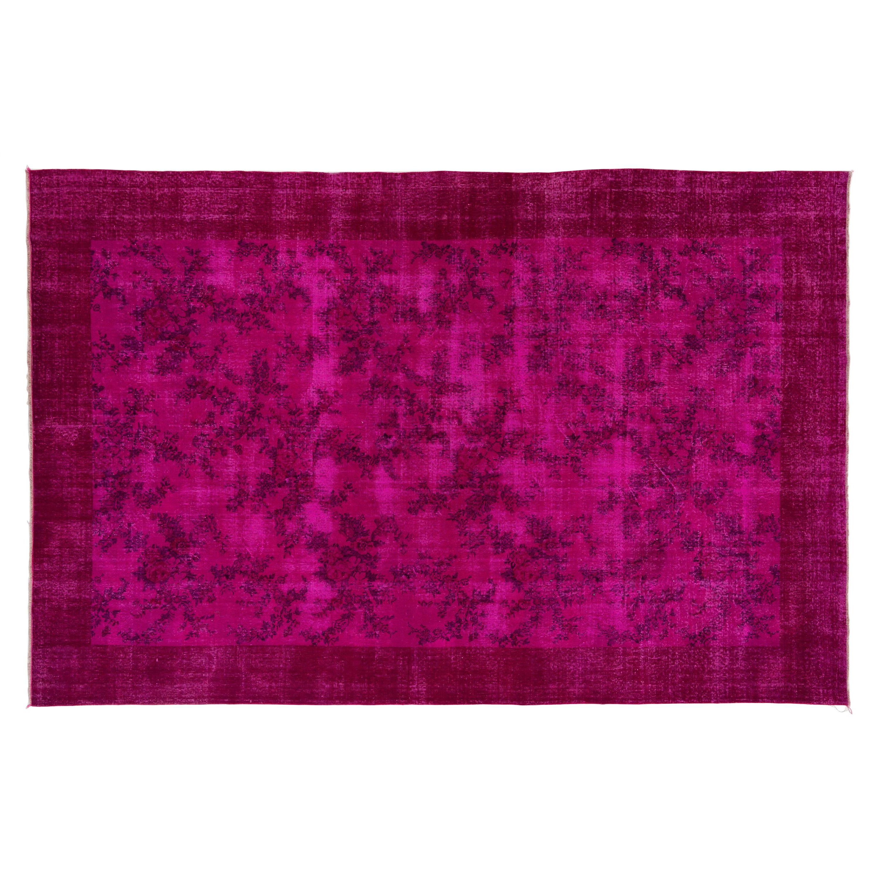 Wool Vintage Turkish Rug with Floral Design Re-Dyed in Fuschia Pink Color