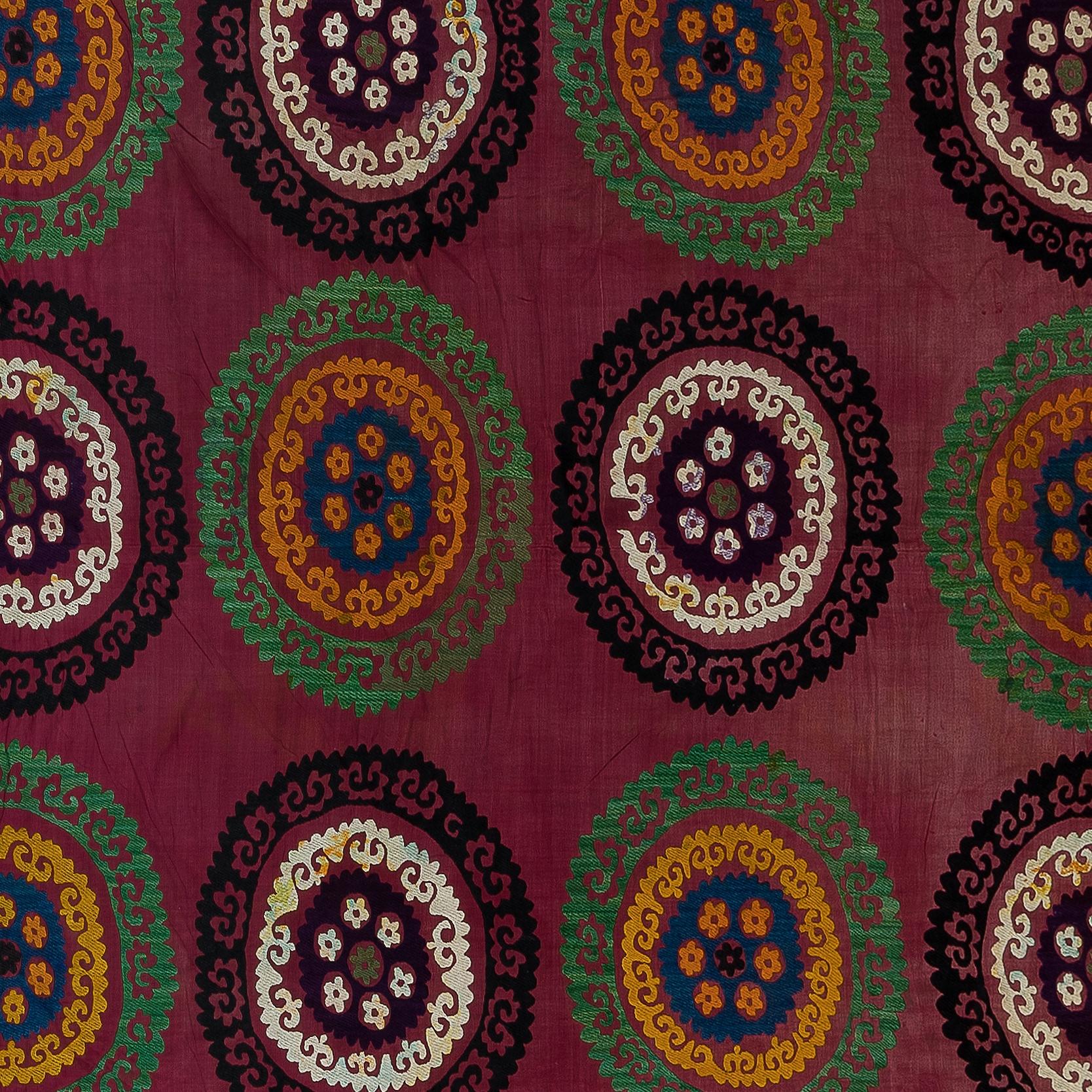 Uzbek 7.7x8.7 Ft Vintage Silk Embroidery Bedspread, Unique Burgundy Red Tablecloth For Sale