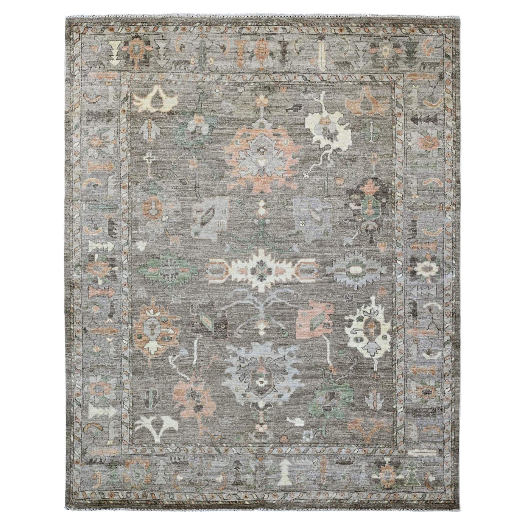 7'7"x9'6" Brown Hand Knotted Afghan Angora Oushak Leaf Design Wool Oriental Rug