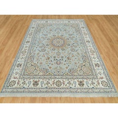 7'7"x9'9" Blue 250 KPSI Nain with Floral Pattern 100% Wool Hand Knotted Rug