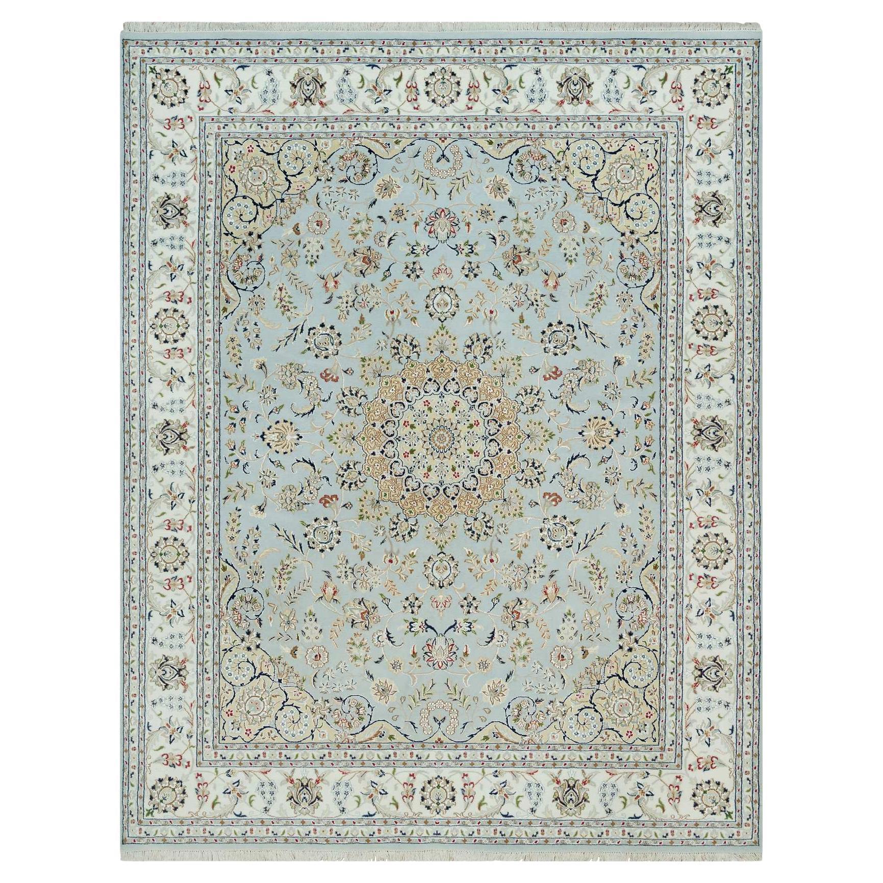 7'7 "x9'9" Azul 250 KPSI Nain con Motivo Floral Alfombra 100% Lana Anudada a Mano