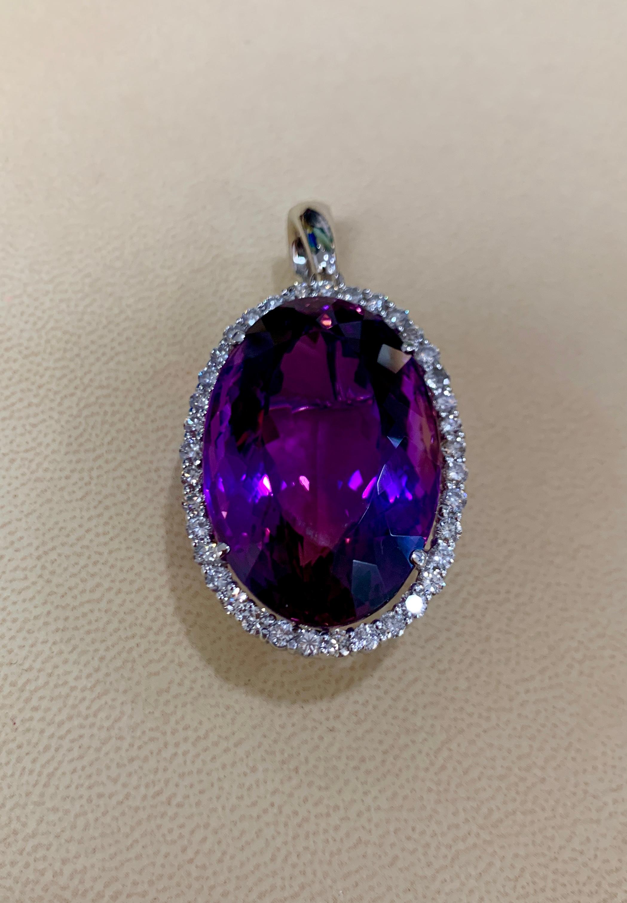 78 Carat Amethyst & 3.5 ct Diamond Pendant Necklace 14 Karat White Gold + Chain In Excellent Condition For Sale In New York, NY