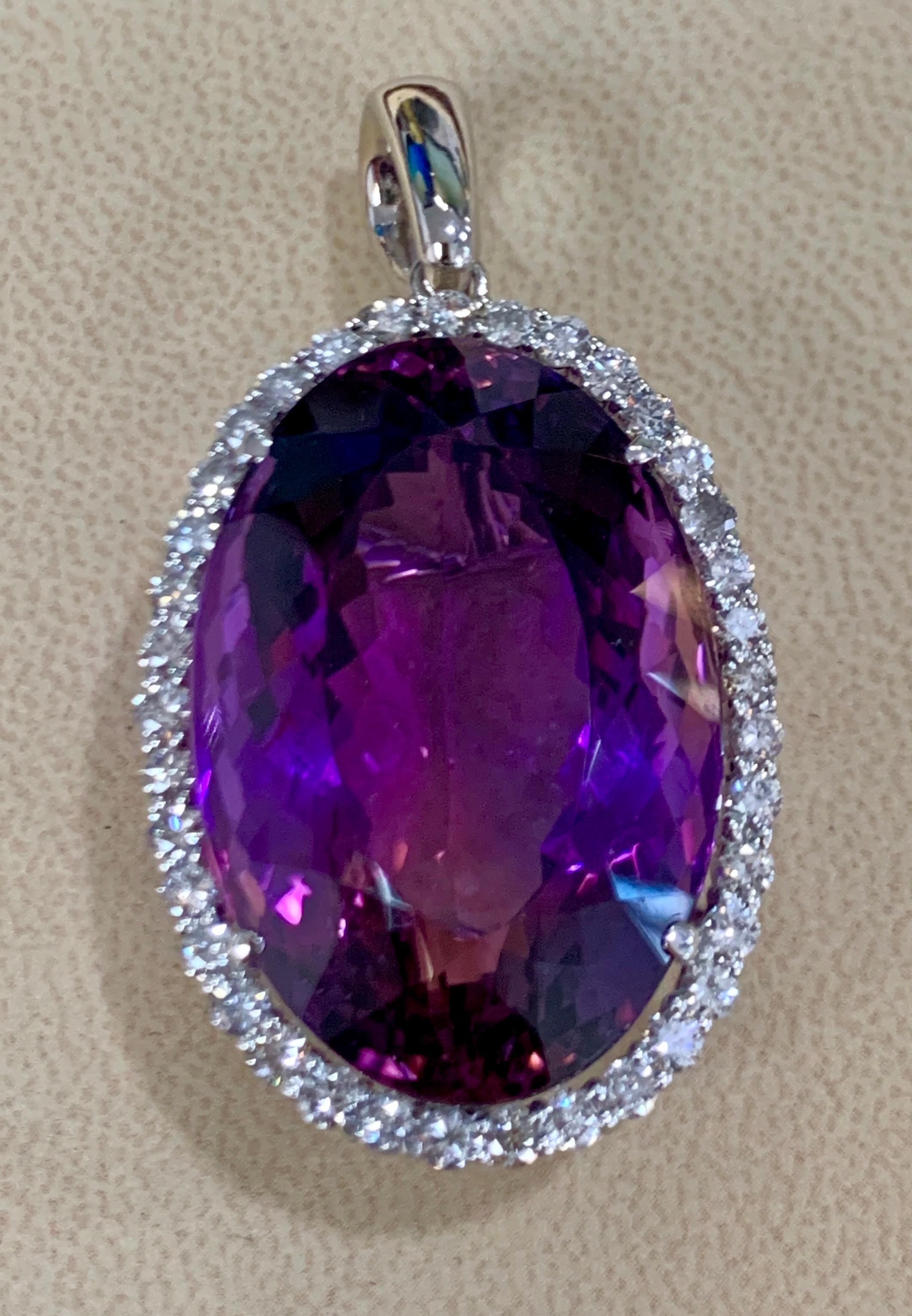 78 Carat Amethyst & 3.5 ct Diamond Pendant Necklace 14 Karat White Gold + Chain For Sale 3