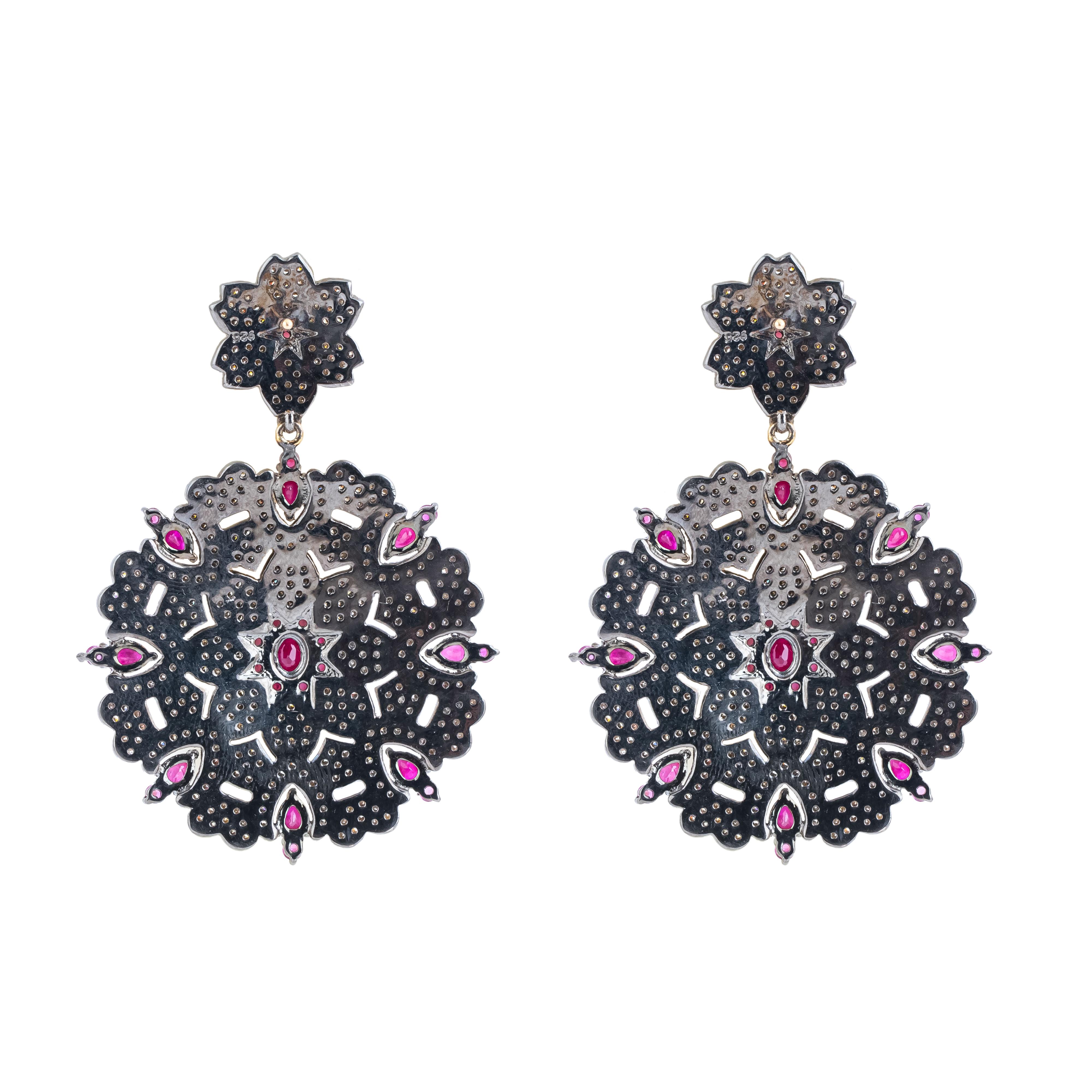 Modern 7.8 Carat Diamond and Ruby Cocktail Earrings For Sale