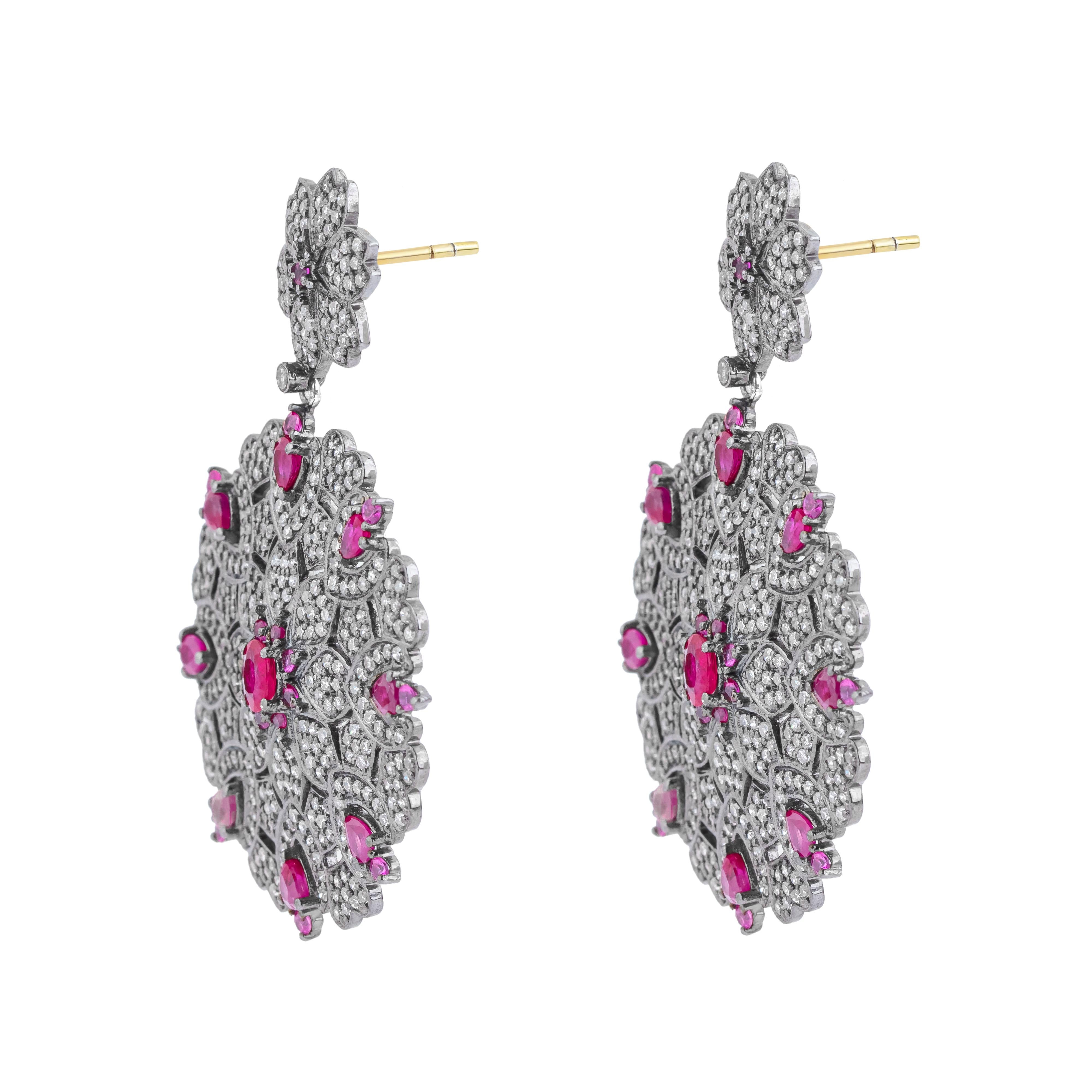 7.8 Carat Diamond and Ruby Cocktail Earrings In New Condition For Sale In Jaipur, IN
