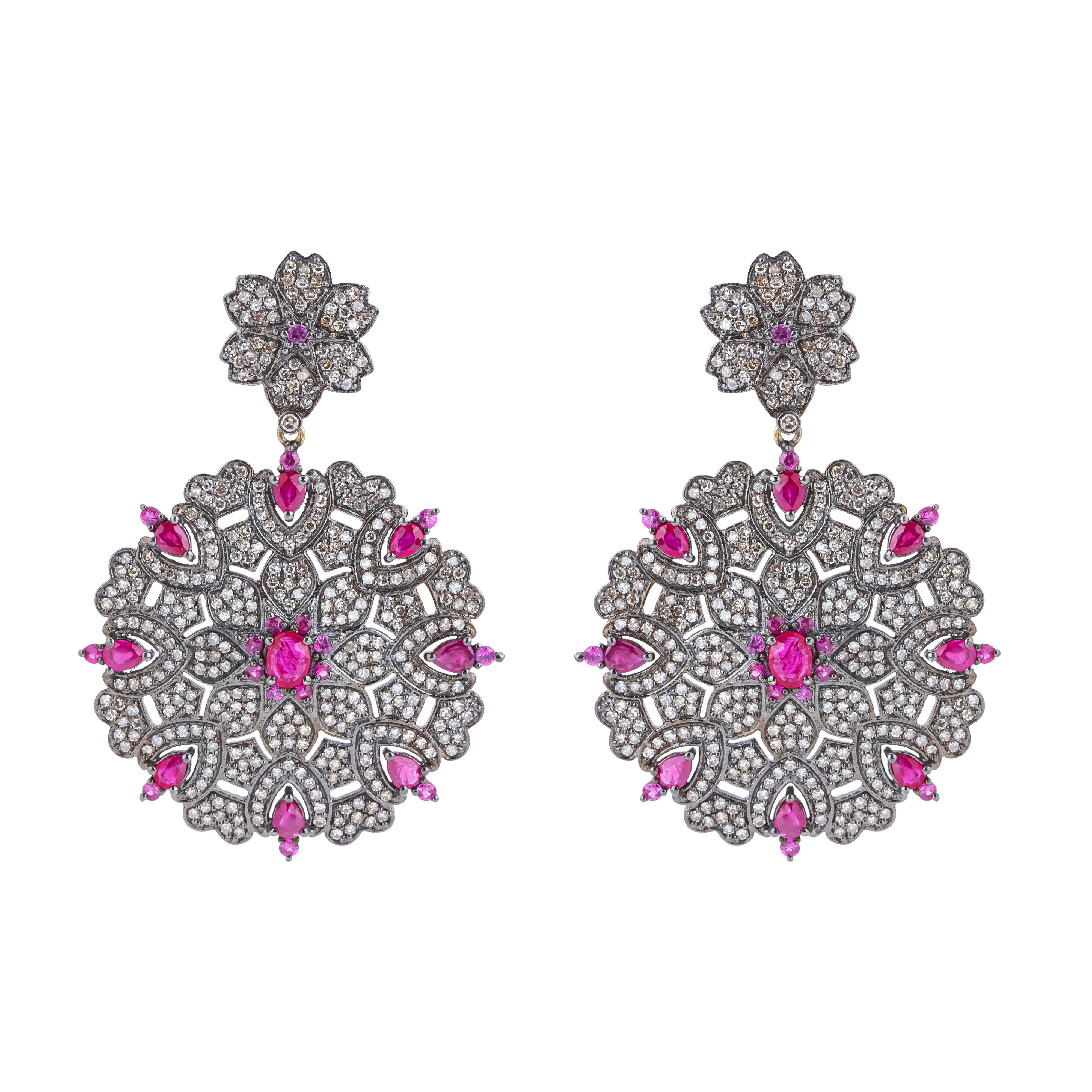 Women's 7.8 Carat Diamond and Ruby Cocktail Earrings For Sale