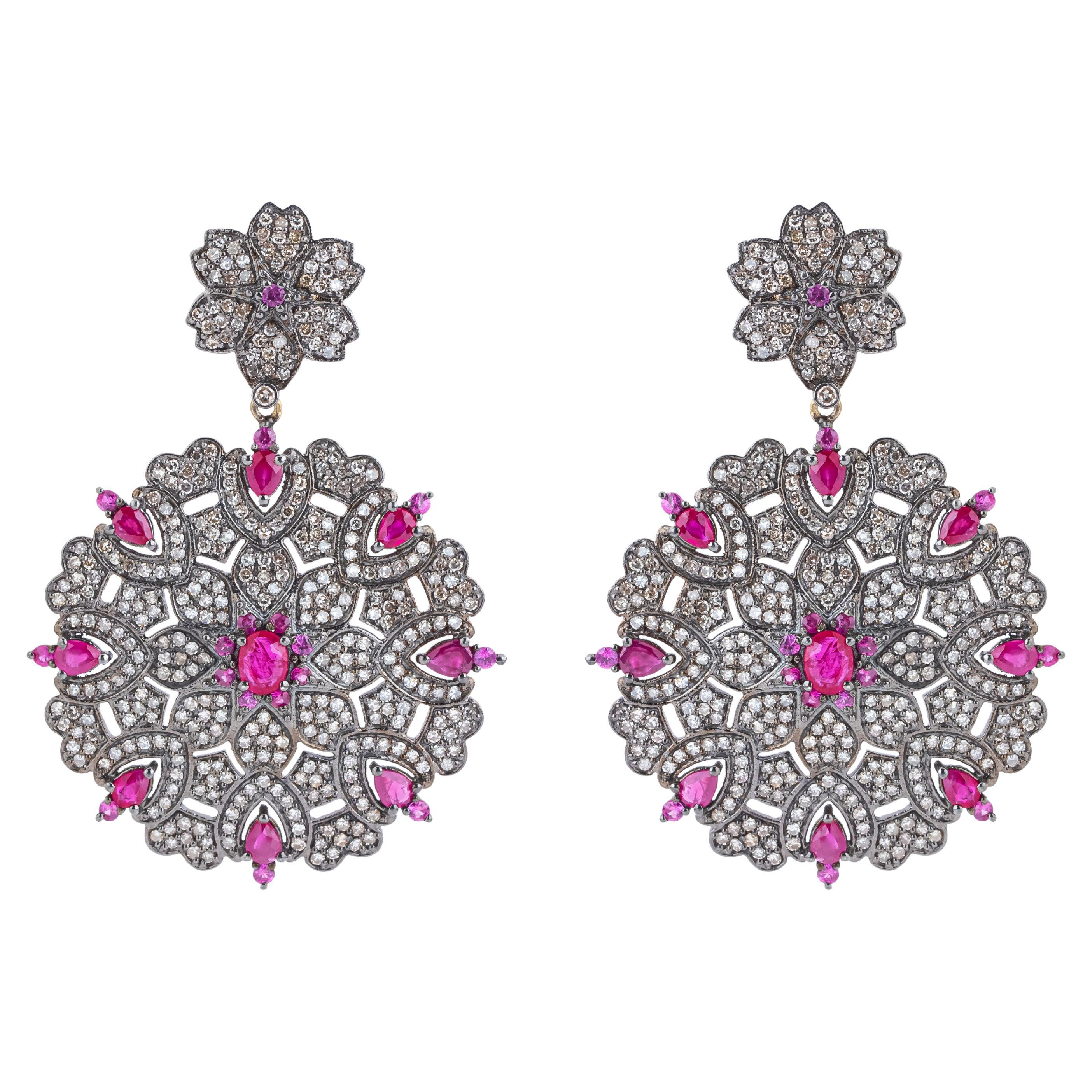 7.8 Carat Diamond and Ruby Cocktail Earrings