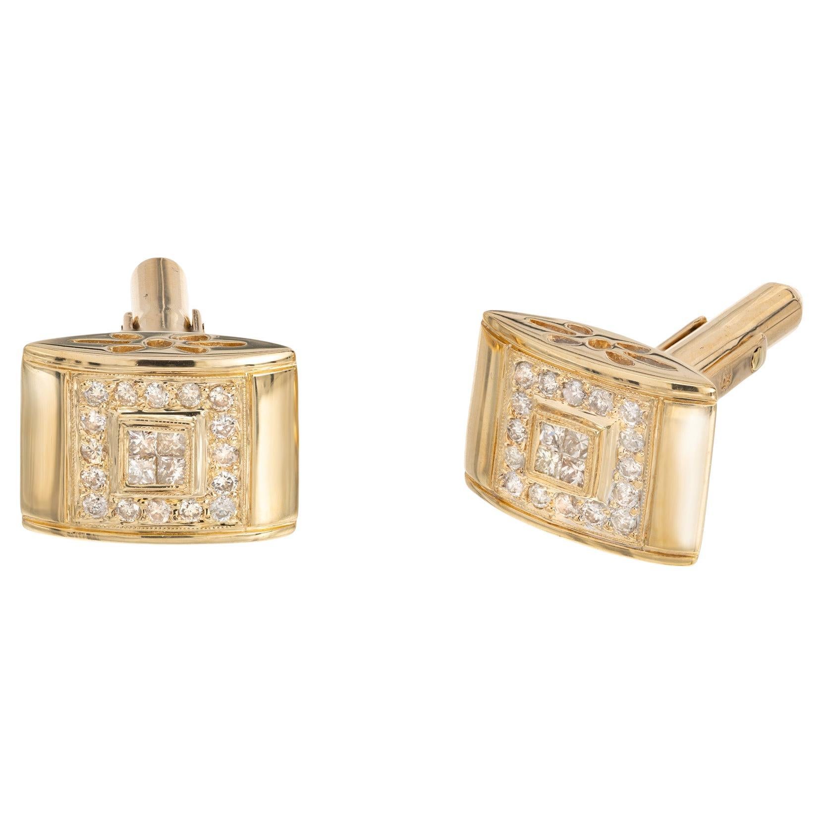 .78 Carat Diamond Halo Yellow Gold Domed Rectangular Cufflinks