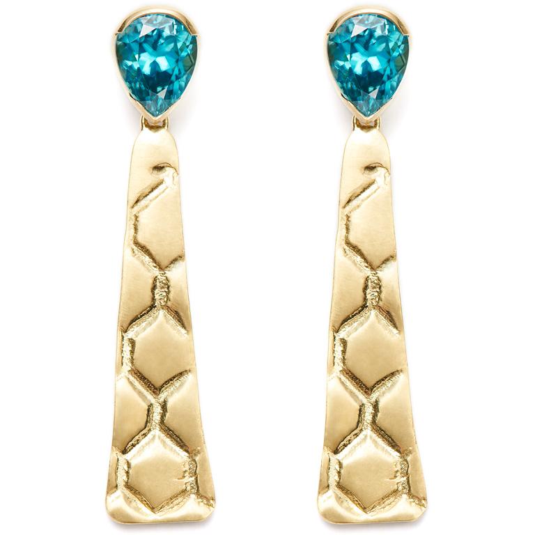faceted blue zircon and 18kt gold beehive drop earrings