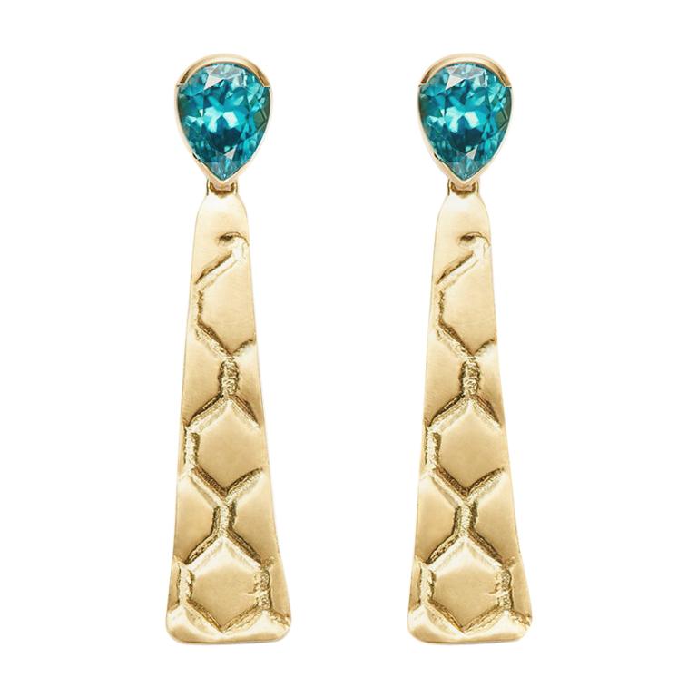 Susan Lister Locke 7.8ct Faceted Blue Zircon and 18K Gold Beehive Drop Earrings For Sale