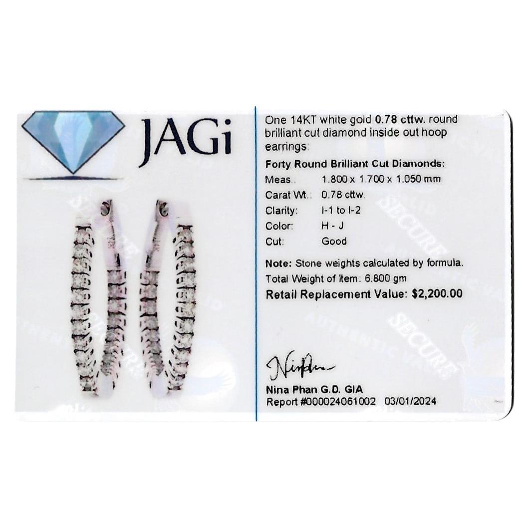 .78 Carat Round Brilliant Diamond Inside Out 14 Karat White Gold Hoop Earrings For Sale 5