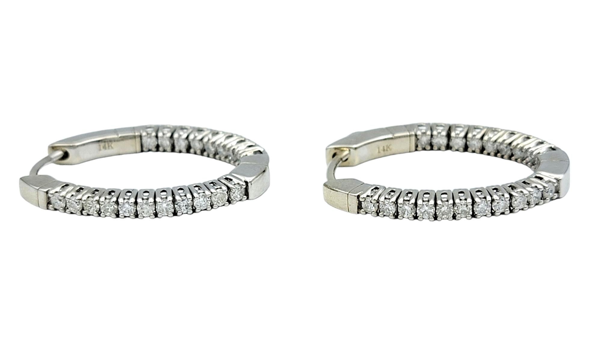 Round Cut .78 Carat Round Brilliant Diamond Inside Out 14 Karat White Gold Hoop Earrings For Sale