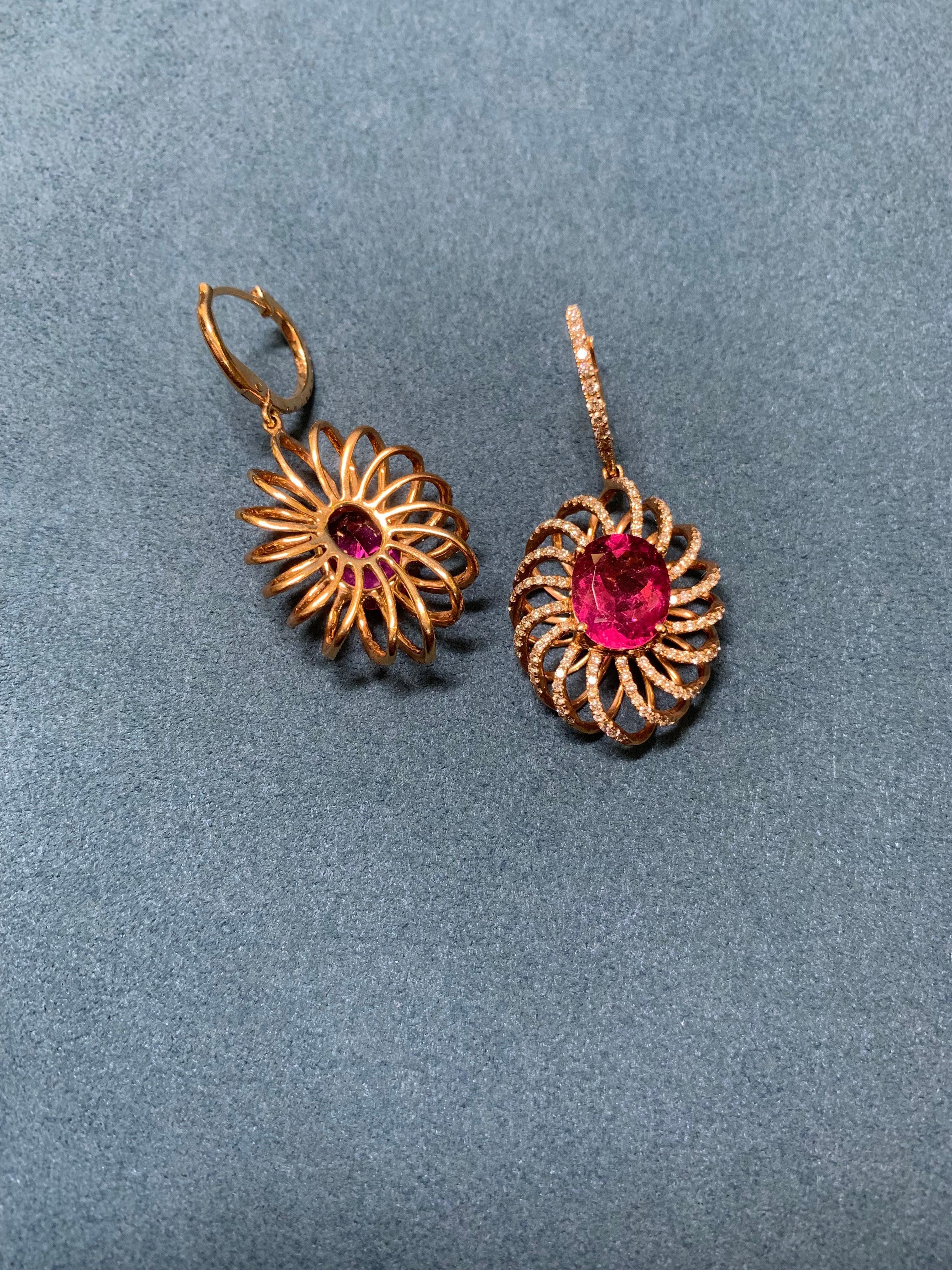 Oval Cut 7.8 Carat Rubelite/ red / Designer 18k rose gold Dangling Earring For Sale