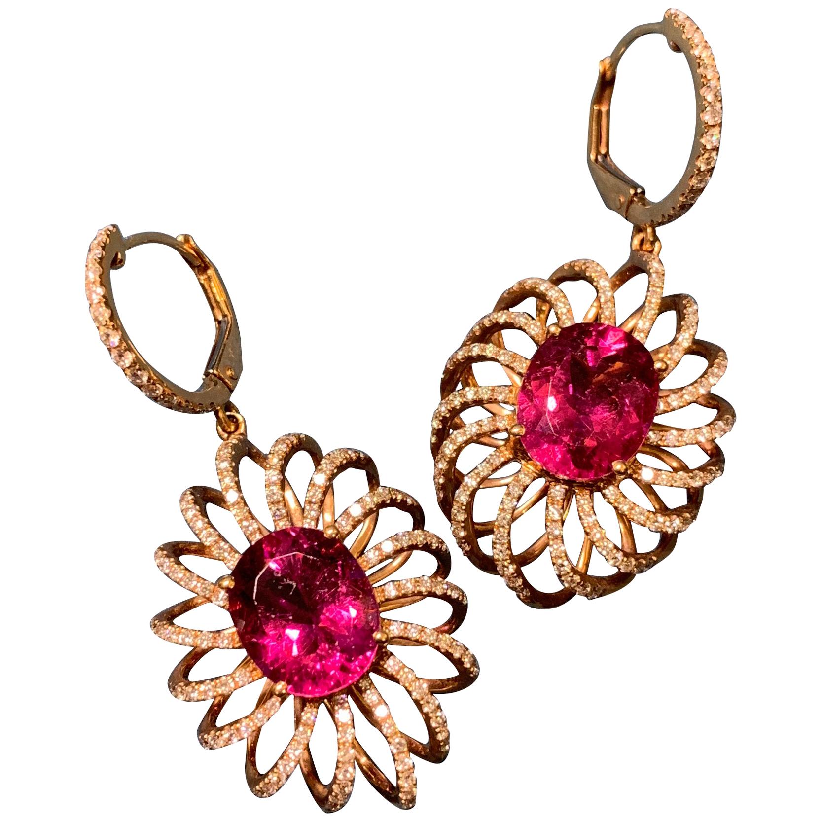 7.8 Carat Rubelite/ red / Designer 18k rose gold Dangling Earring For Sale