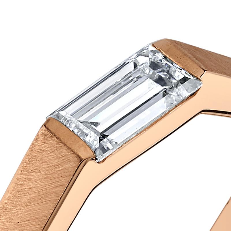 Baguette Cut .78 Carat White Diamond Baguette Octagonal Solitaire Ring 18k Rose Gold For Sale